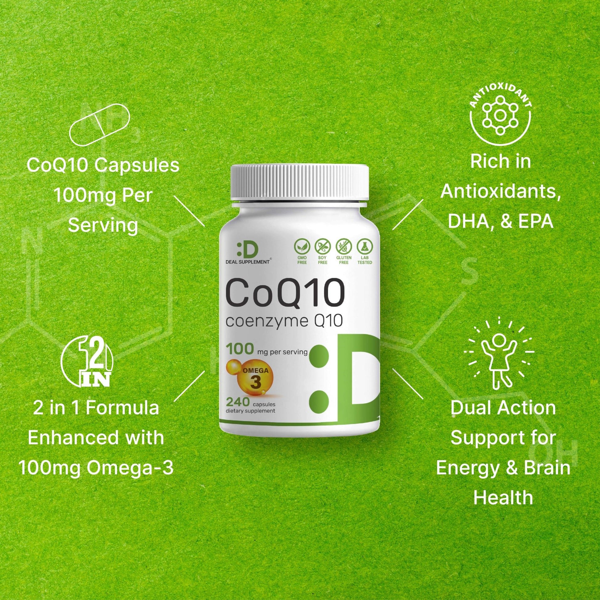 CoQ10 100mg, 240 Capsules – with Omega 3 Fatty Acid 100mg – Bioavailable Coenzyme DEAL SUPPLEMENT buy supplements canada