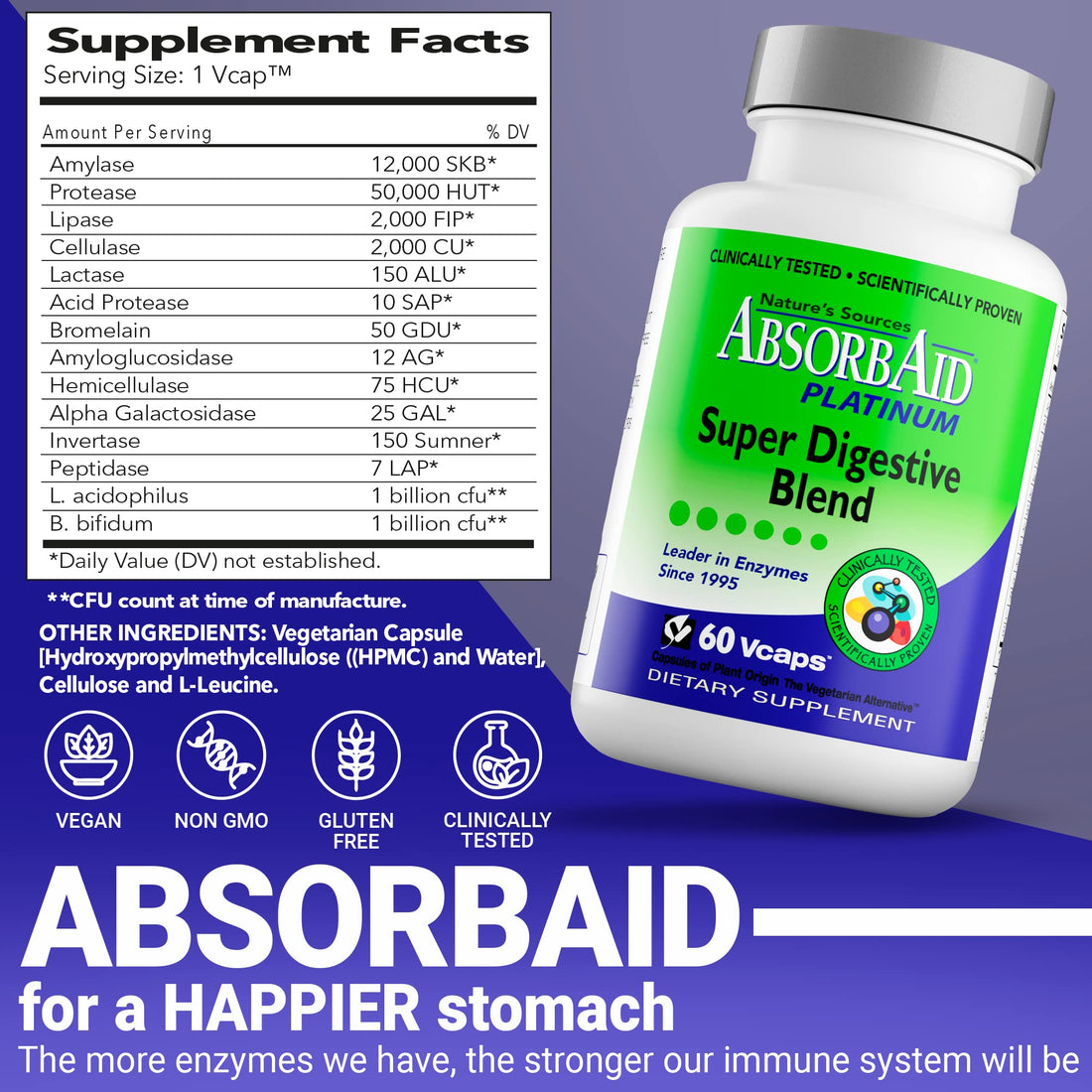 AbsorbAid Platinum Digestive Enzyme Support 60 vCaps, 12 Digestive Enzymes Plus 2 Probiotics for Maximum Relief - OzHealthStandard