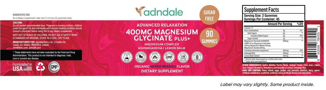 Adndale 180 CT Magnesium Glycinate Gummies 400 mg/Serv with Ashwagandha, Magnesium Malate & Taurate - OzHealthStandard