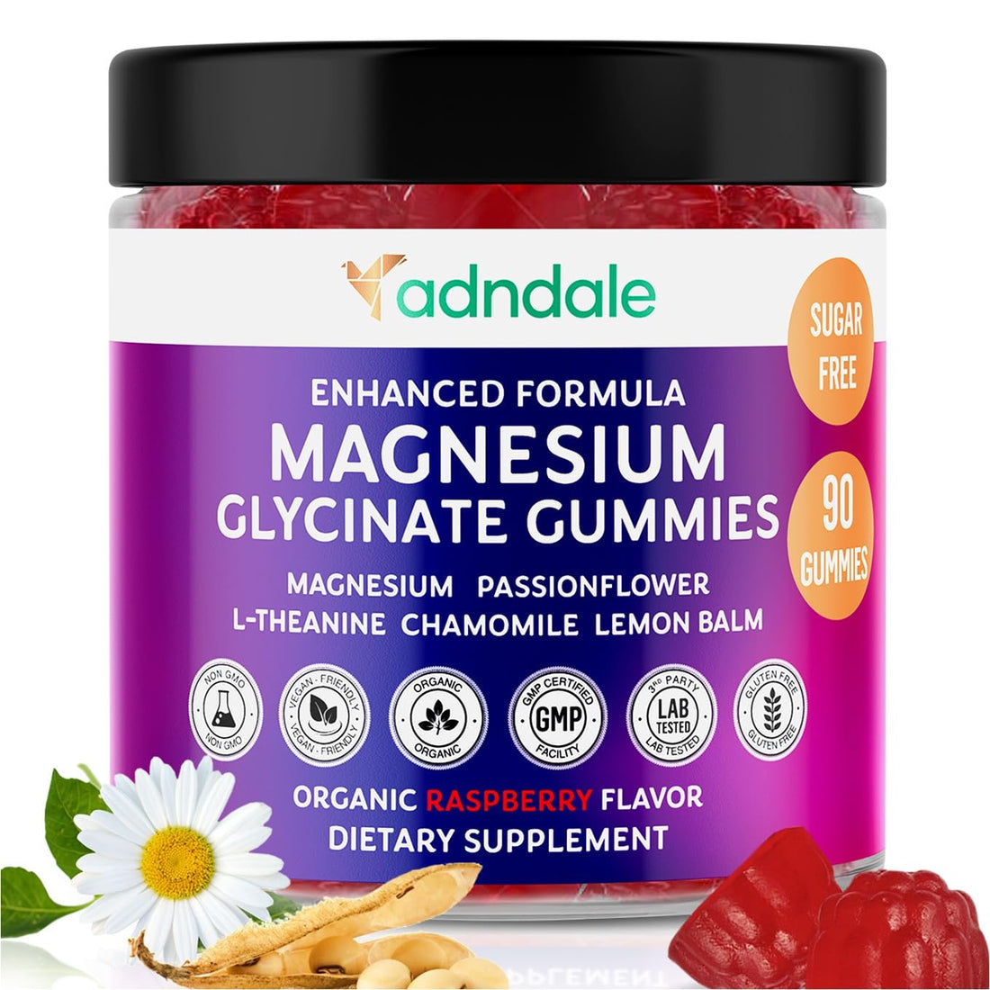 Adndale 90CT Magnesium Glycinate Gummies. Sugar Free Chews for Adults & Kids. Raspberry Flavour - OzHealthStandard