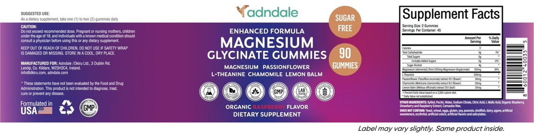 Adndale 90CT Magnesium Glycinate Gummies. Sugar Free Chews for Adults & Kids. Raspberry Flavour - OzHealthStandard