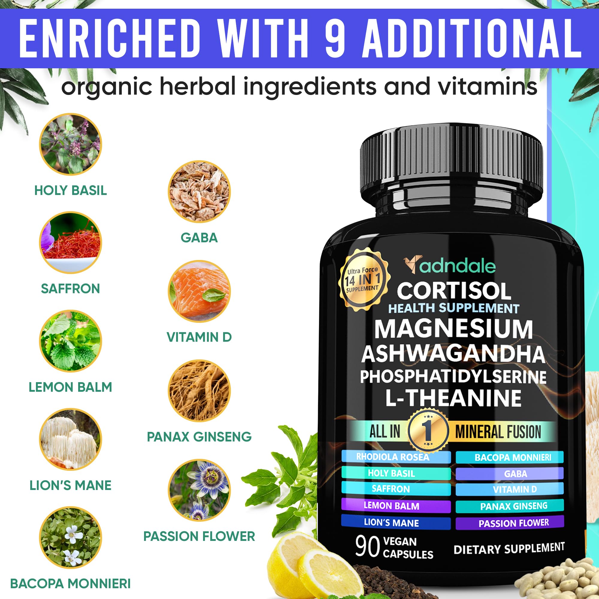 Adndale Cortisol Supplements for Women. Cortisol Reducer 14-in-1 Ashwagandha Supplement with Magnesium Glycinate, L-Theanine & More. 90 Capsules. - OzHealthStandard