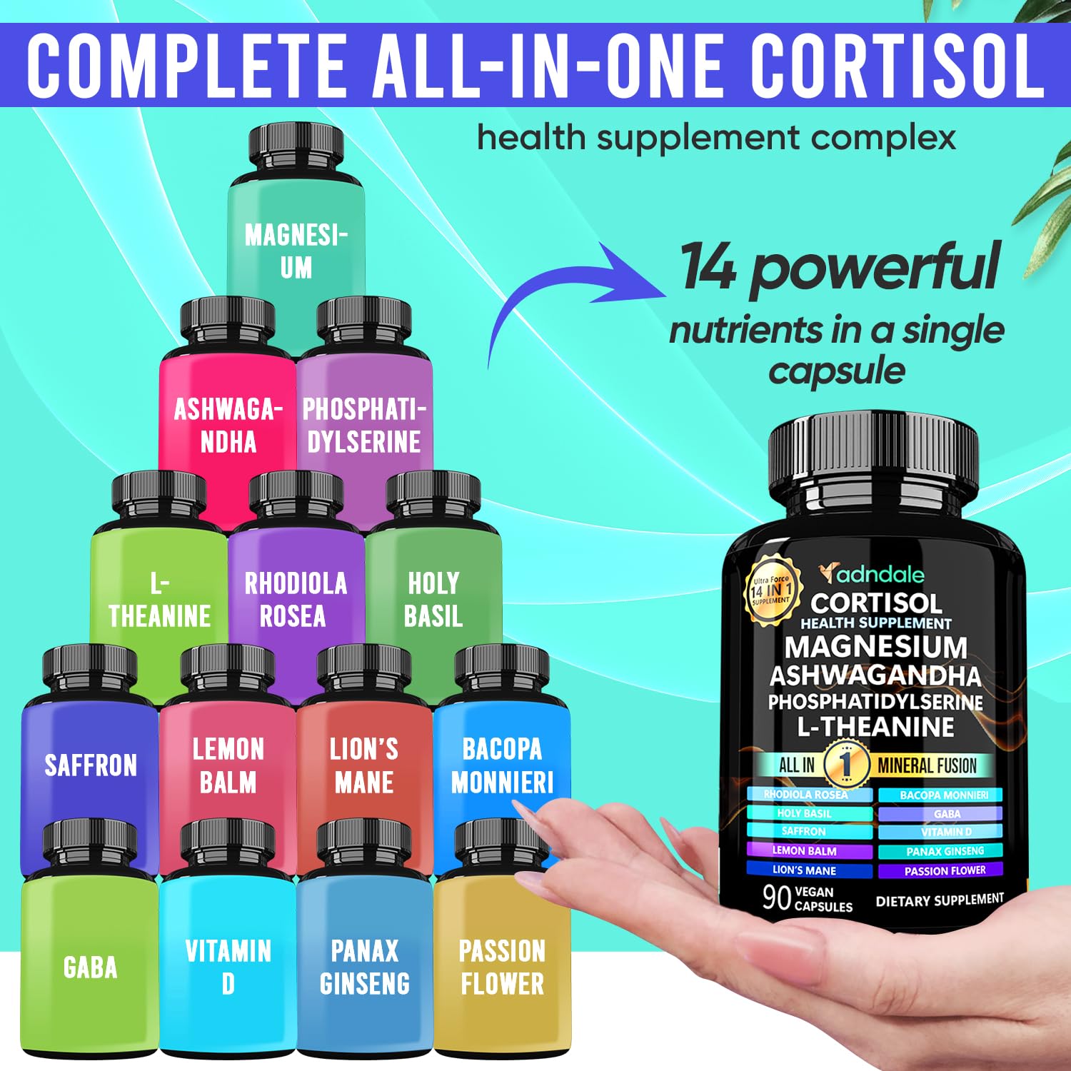 Adndale Cortisol Supplements for Women. Cortisol Reducer 14-in-1 Ashwagandha Supplement with Magnesium Glycinate, L-Theanine & More. 90 Capsules. - OzHealthStandard