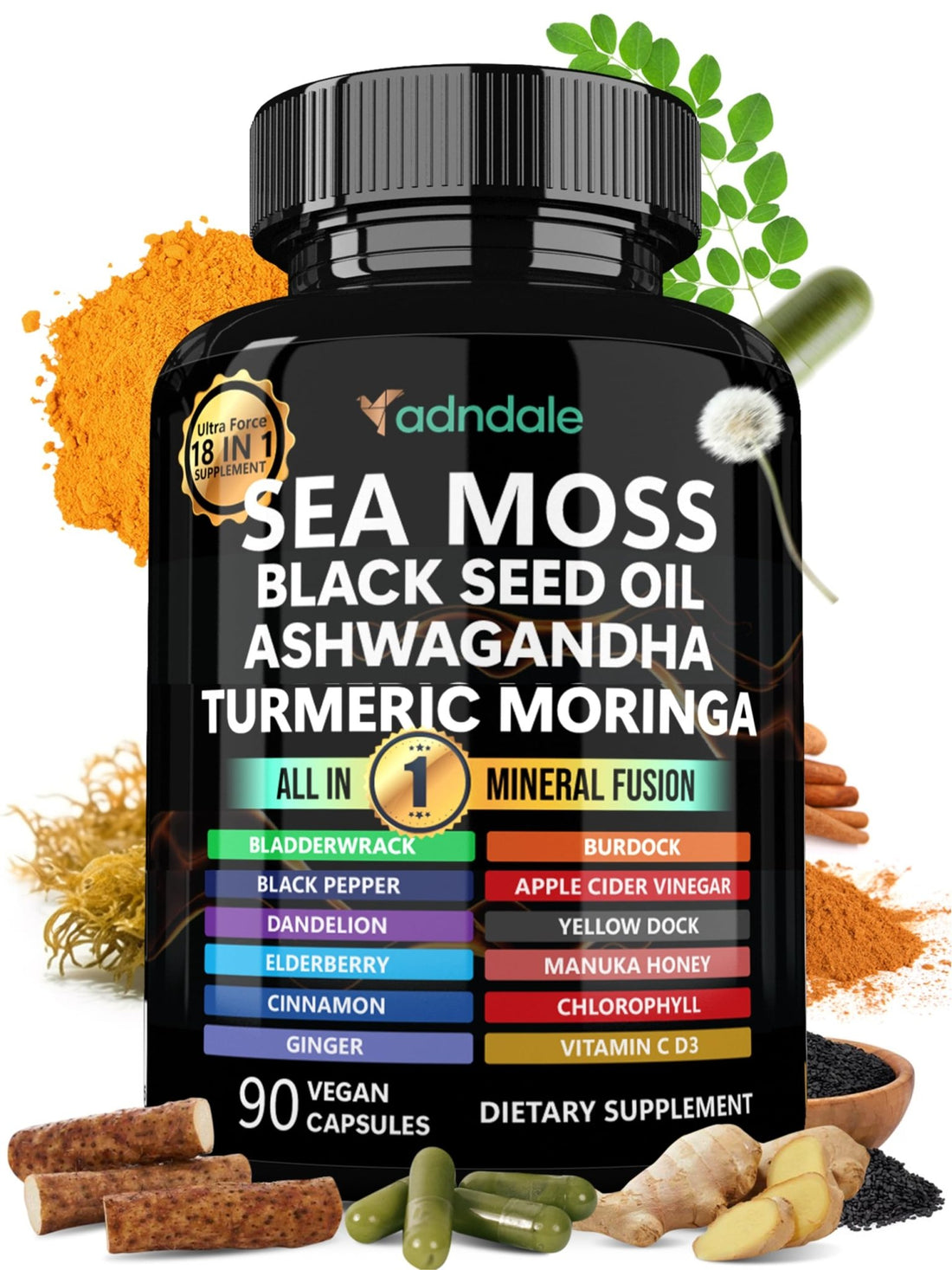 Adndale Sea Moss Capsules - Sea Moss Blend with Ashwagandha, Turmeric- 90 Count - OzHealthStandard