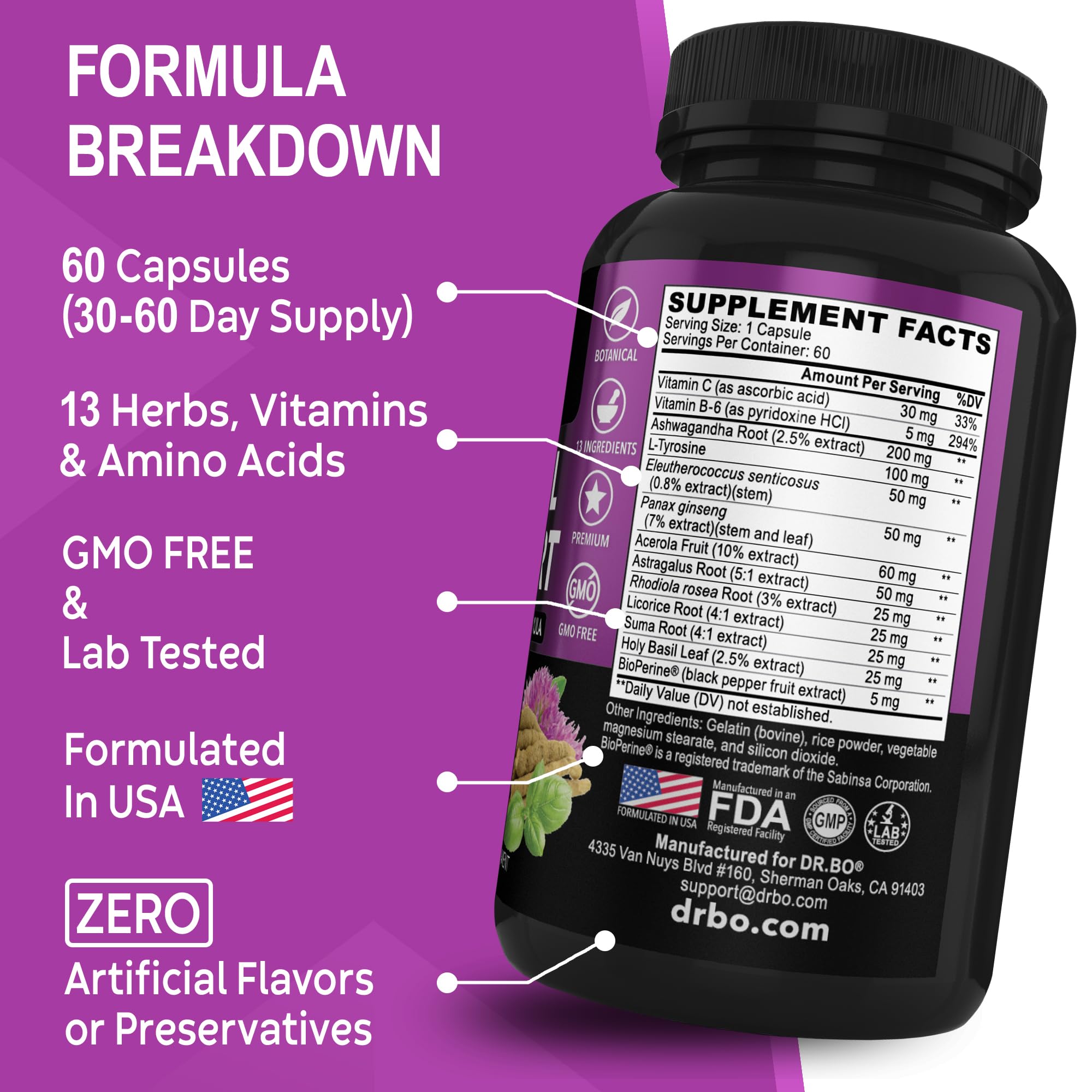 Adrenal Support Cortisol Manager Supplement - Adrenal Fatigue Supplements for Women & Men with Natural Adaptogen Ashwagandha Holy Basil Rhodiola L Tyrosine Complex Fatigue Cortisol Health - 60 Pills - OzHealthStandard
