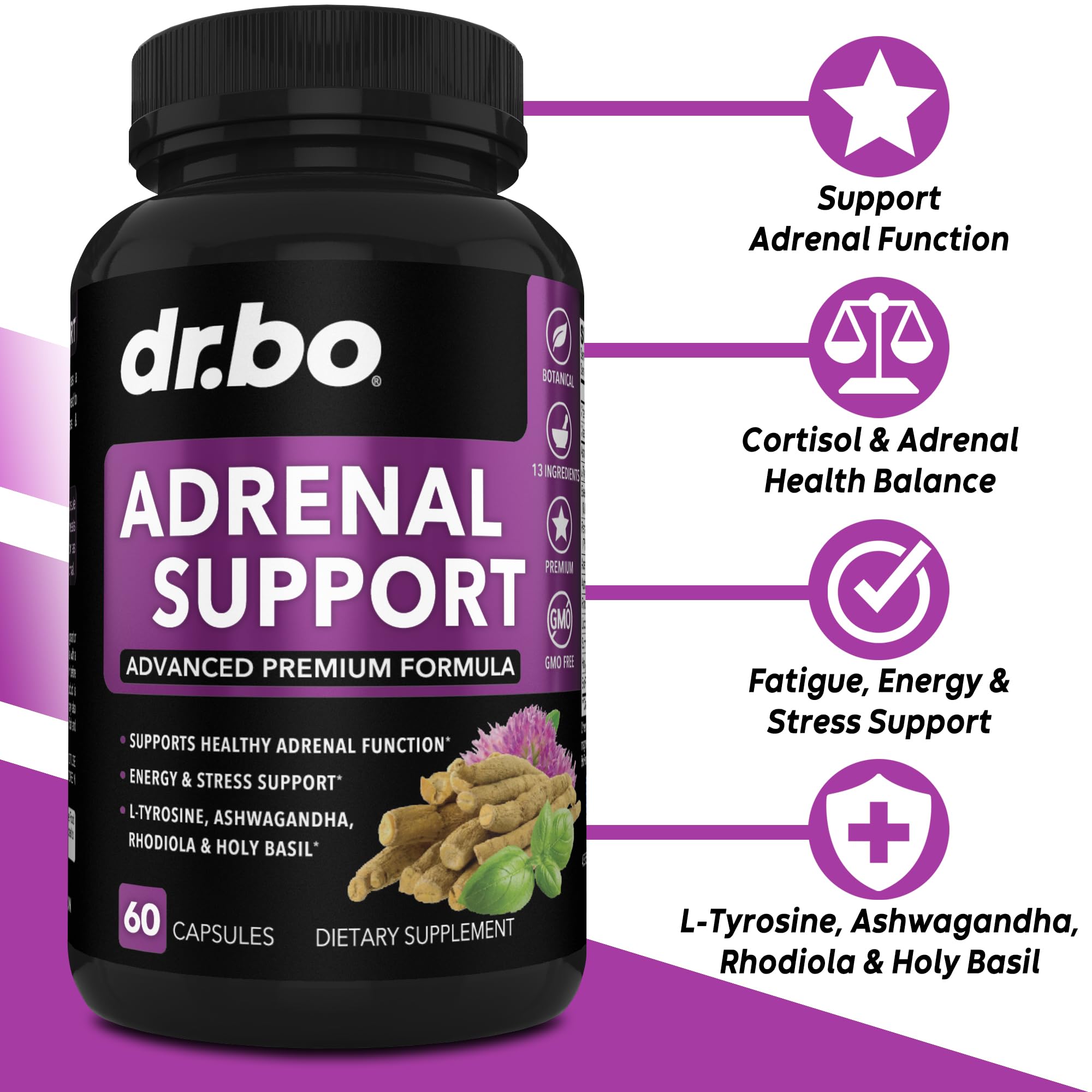 Adrenal Support Cortisol Manager Supplement - Adrenal Fatigue Supplements for Women & Men with Natural Adaptogen Ashwagandha Holy Basil Rhodiola L Tyrosine Complex Fatigue Cortisol Health - 60 Pills - OzHealthStandard