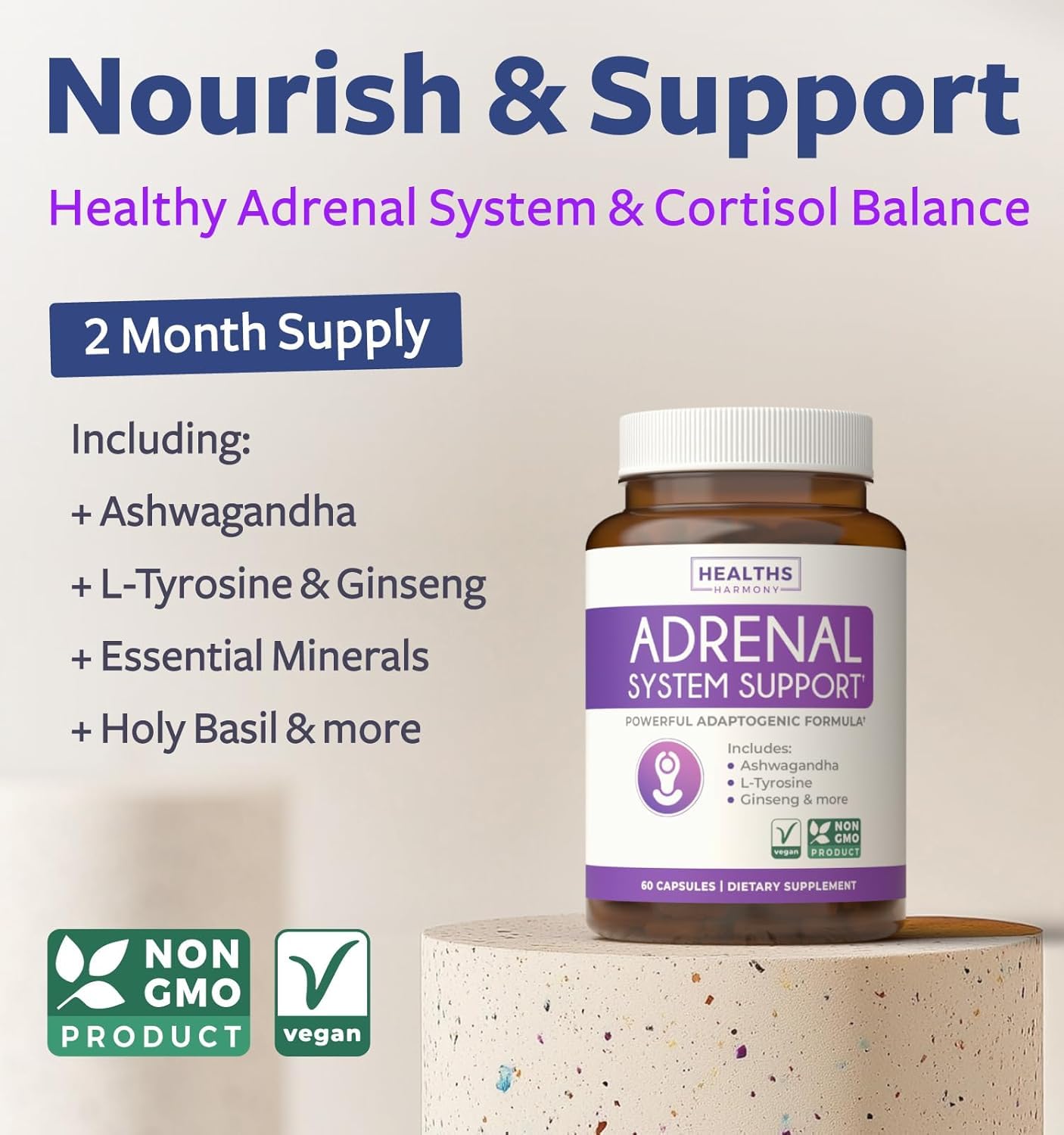 Adrenal System Support & Cortisol Manager (2 Month Supply) Powerful Ashwagandha & L-Tyrosine Fatigue Supplement - Maintain Balanced Cortisol Levels, Health, & Stress Relief - Non-GMO - 60 Capsules - OzHealthStandard