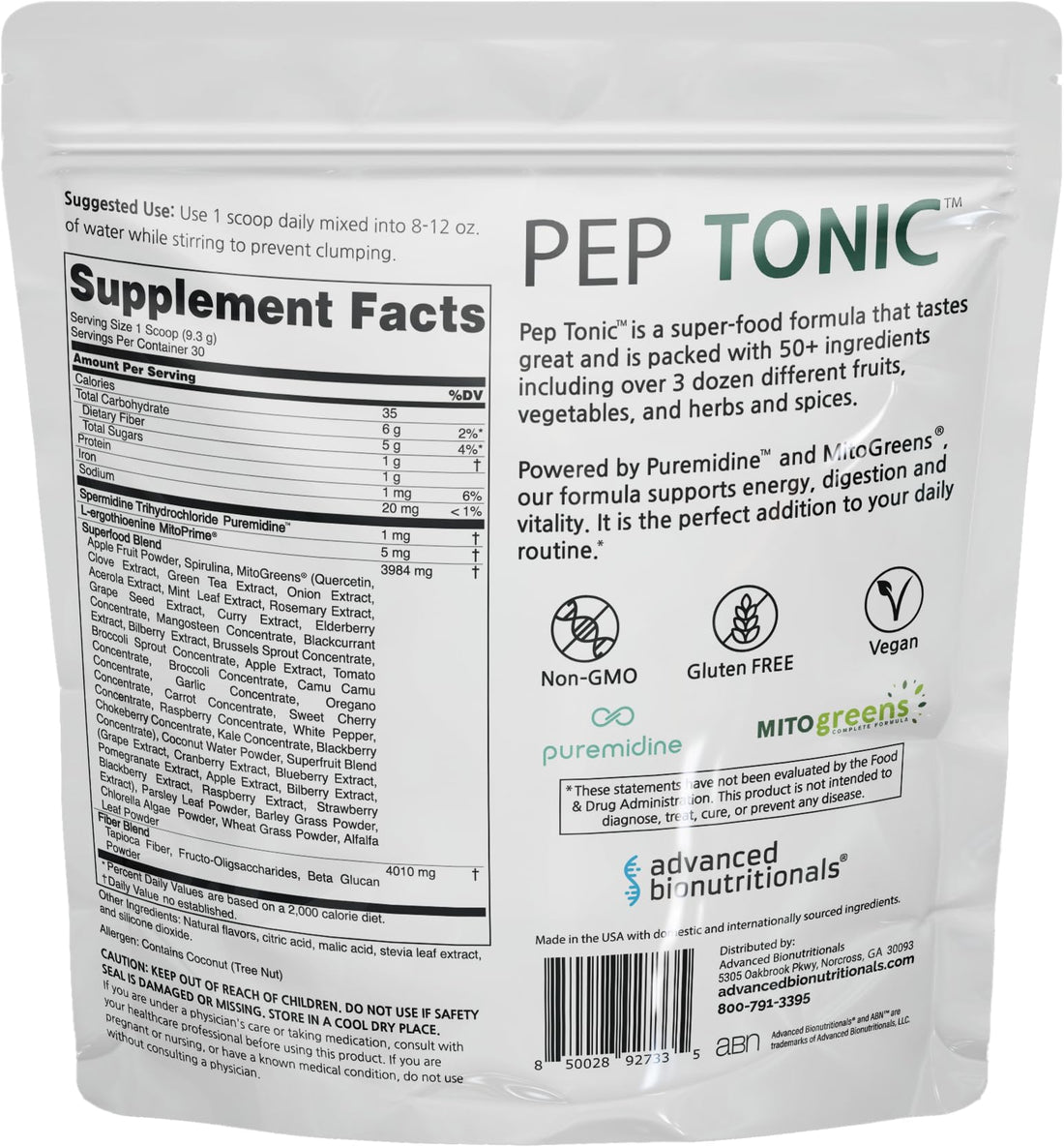 Advanced Bionutritionals Pep Tonic Powdered Superfood Formula 50 Fruits, Vegetables, Herbs, and Superfoods - Vegan, Vegetarian - 9.84 OZ - 279 g - OzHealthStandard