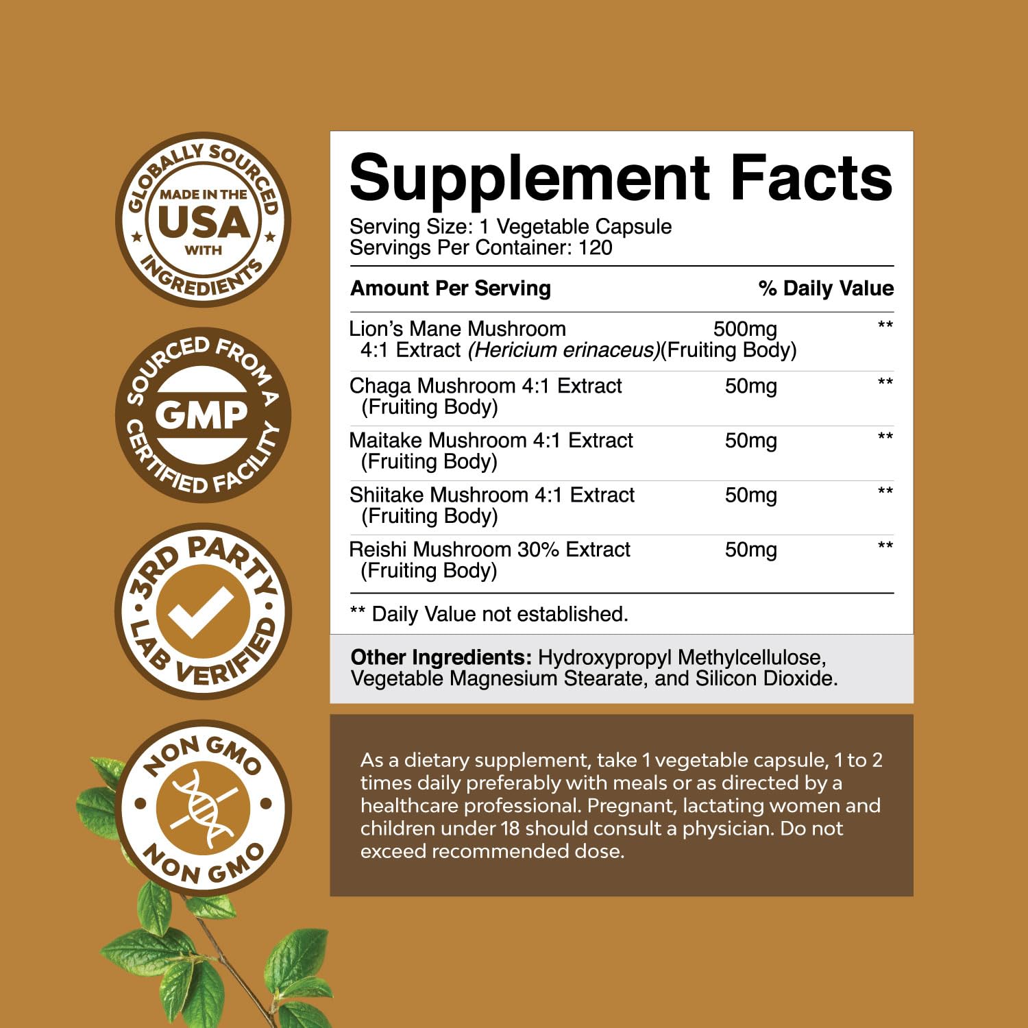 Advanced Lion's Mane Mushroom Supplement - Lions Mane Supplement Capsules with Reishi Chaga Maitake & Shiitake for Brain Health Memory Support & Focus - Nootropic for Mental Clarity - 120 Count - OzHealthStandard