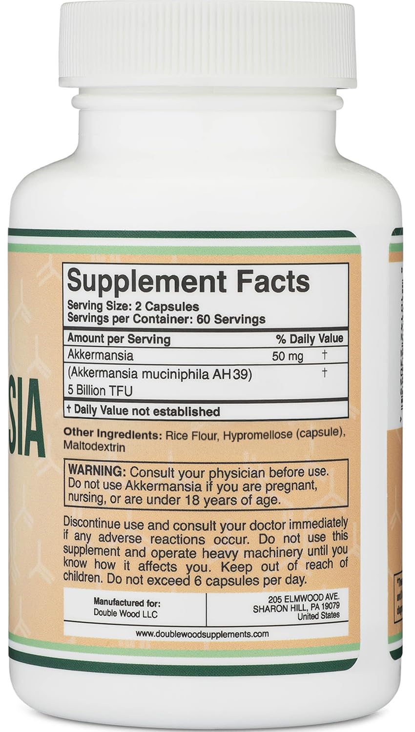 Akkermansia Probiotic and Postbiotic (Increases GLP-1 Production) 120 Capsules, 50mg per Serving (Third Party Tested to 5 Billion TFU per Serving, 50 Billion CFU per Gram) by Double Wood - OzHealthStandard