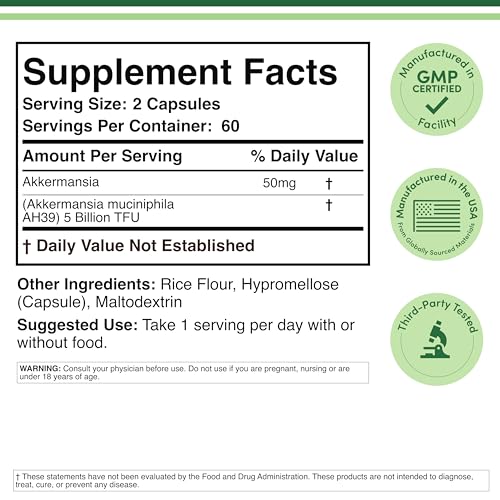 Akkermansia Probiotic and Postbiotic (Increases GLP-1 Production) 120 Capsules, 50mg per Serving (Third Party Tested to 5 Billion TFU per Serving, 50 Billion CFU per Gram) by Double Wood - OzHealthStandard