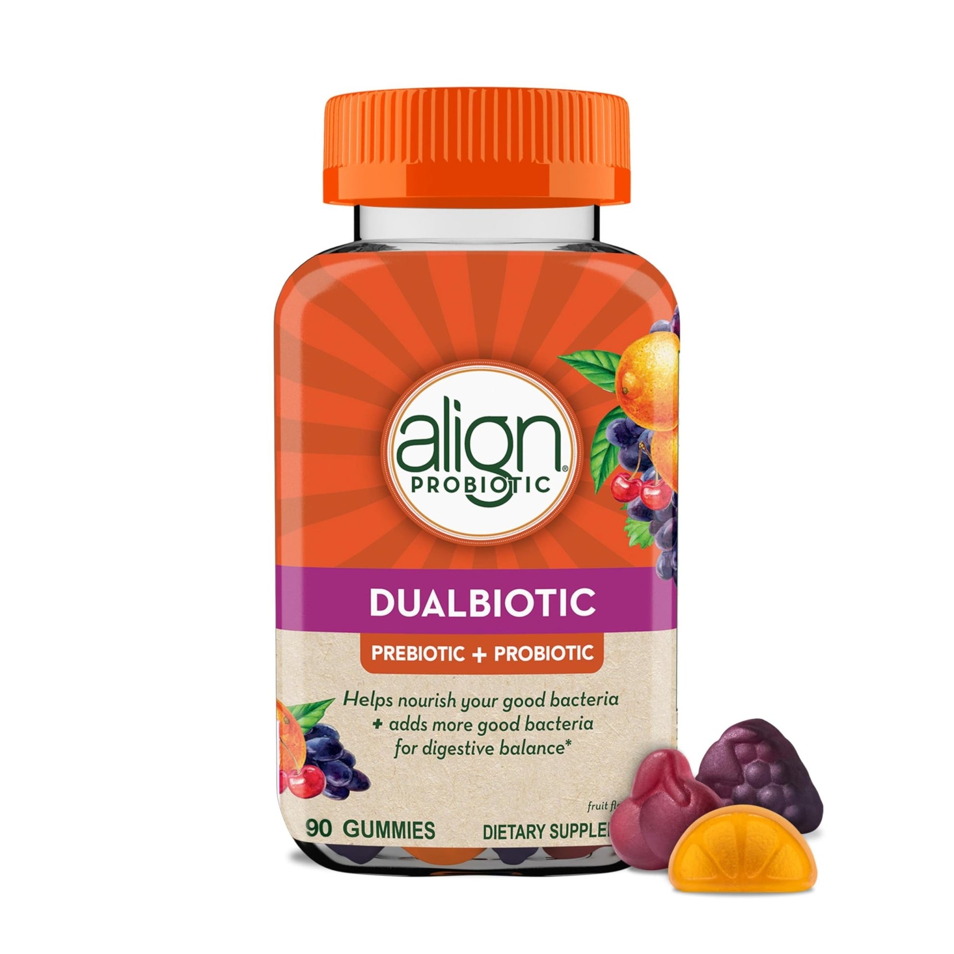 Align Dualbiotic, Prebiotics and Probiotics for Women and Men, Probiotics for Digestive Health, Prebiotics Help Nourish Good Bacteria, Natural Fruit Flavors, 90 Probiotic Gummies - OzHealthStandard