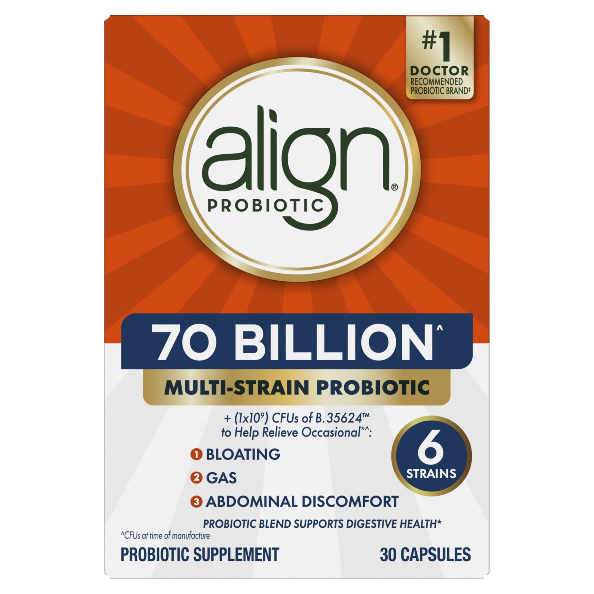 Align Probiotic, 70 Billion CFU, 6 Strain Blend, Probiotics for Women and Men, Daily Probiotics for Digestive Health, Helps Relieve Occasional Bloating & Gas 30 Capsules - OzHealthStandard