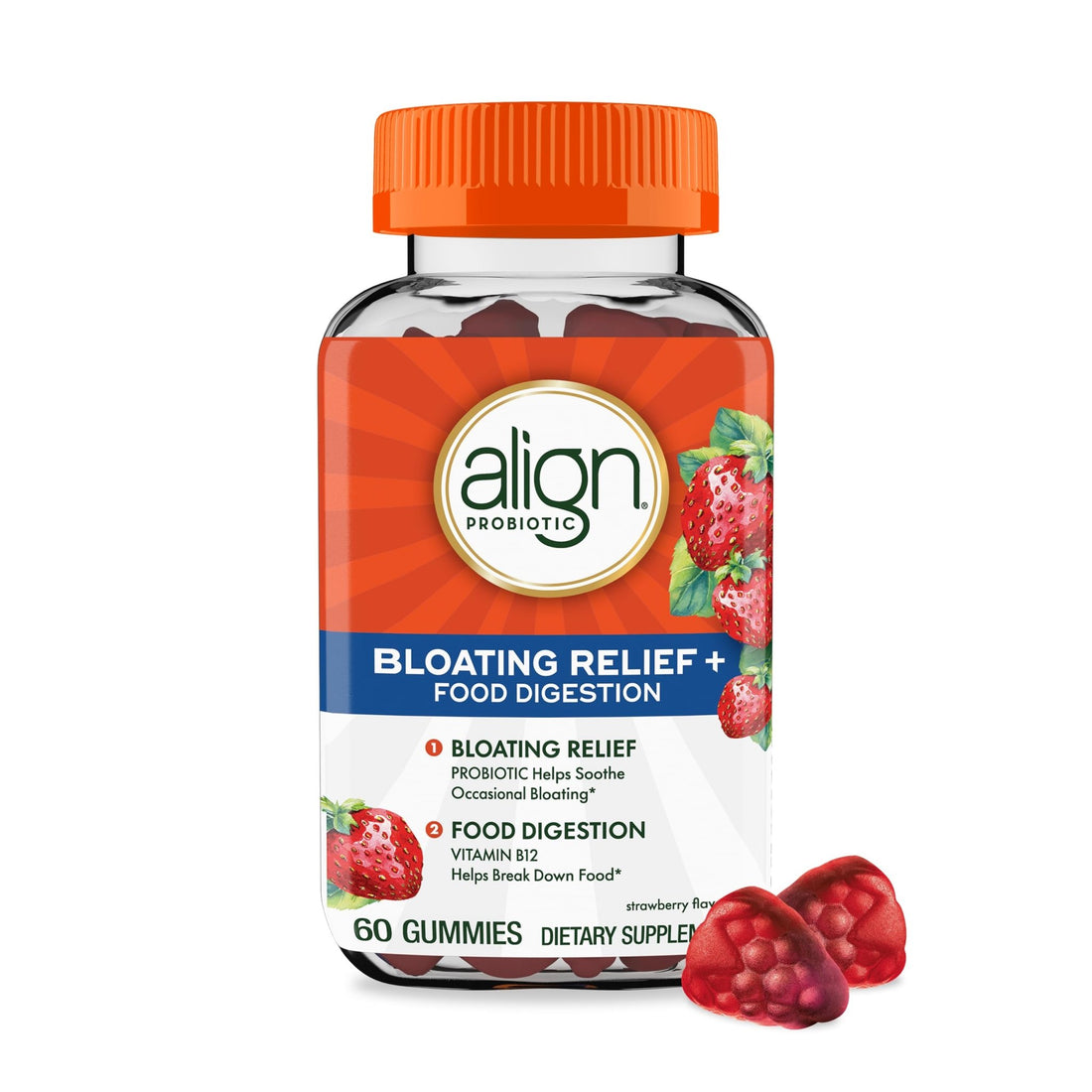 Align Probiotic, Bloating Relief + Food Digestion, Probiotics for Women and Men, Probiotic Helps Soothe Occasional Bloating*, With Vitamin B12 to Help Break Down Food into Cellular Energy*,60 Gummies - OzHealthStandard