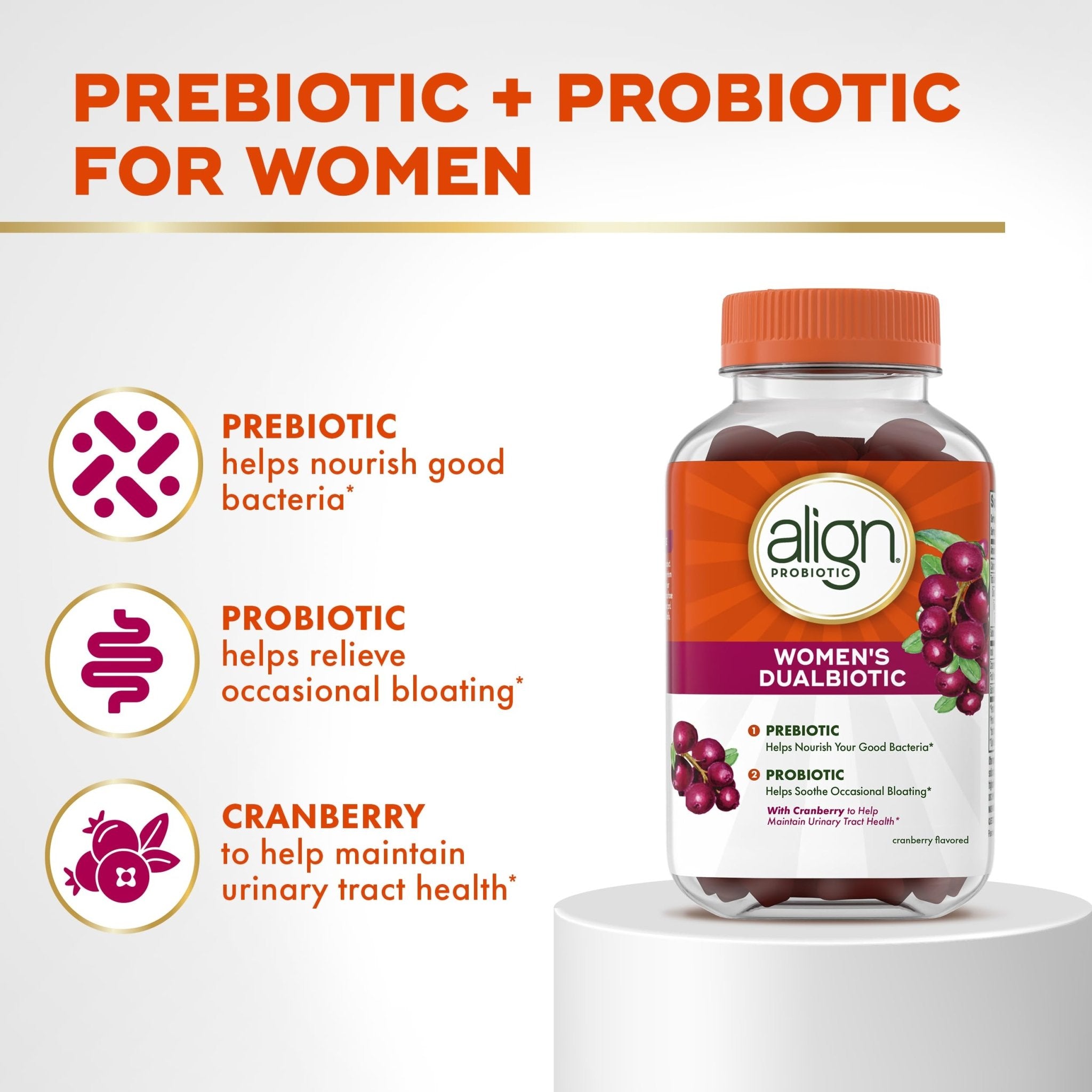 Align Probiotic, Women's Dualbiotic, Womens Probiotic Gummies, Prebiotics and Probiotics for Women, with Cranberry for Urinary Tract Health*, Cranberry Flavor, 90 Gummies - OzHealthStandard