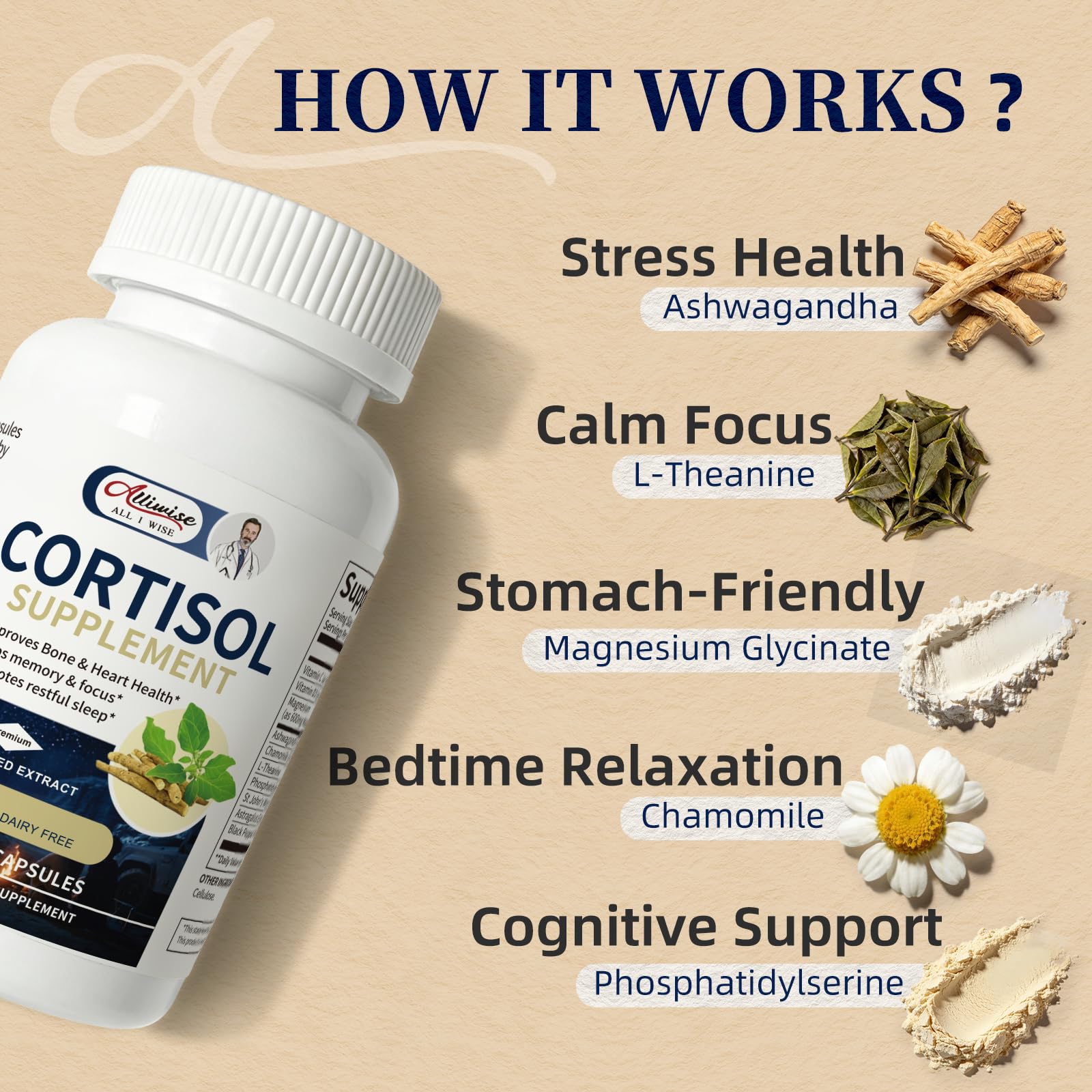 Alliwise Cortisol Supplements for Women and Men with Magnesium, Ashwagandha,L-Theanine,Chamomile & PS,High Cortisol Reducer, Manager, Detox, Lower for Mood,Focus,Sleep,Non-Drowsy,No Melatonin - OzHealthStandard