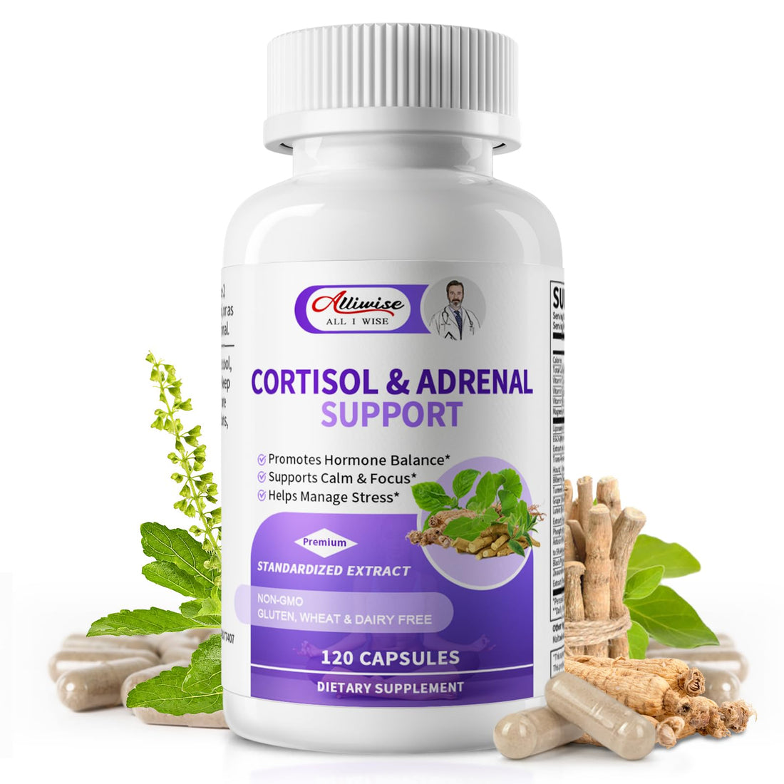 Alliwise Cortisol Supplements for Women & Men - Adrenal Support with Ashwagandha, L-Theanine & Holy Basil for Stress Relief, Mood & Steady Focus - Hormone Balance - 120 Vegan Capsules - OzHealthStandard