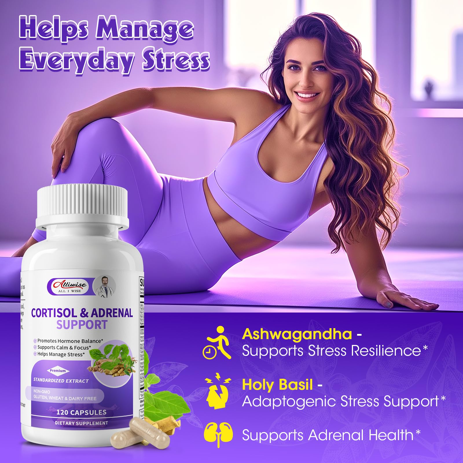 Alliwise Cortisol Supplements for Women & Men - Adrenal Support with Ashwagandha, L-Theanine & Holy Basil for Stress Relief, Mood & Steady Focus - Hormone Balance - 120 Vegan Capsules - OzHealthStandard