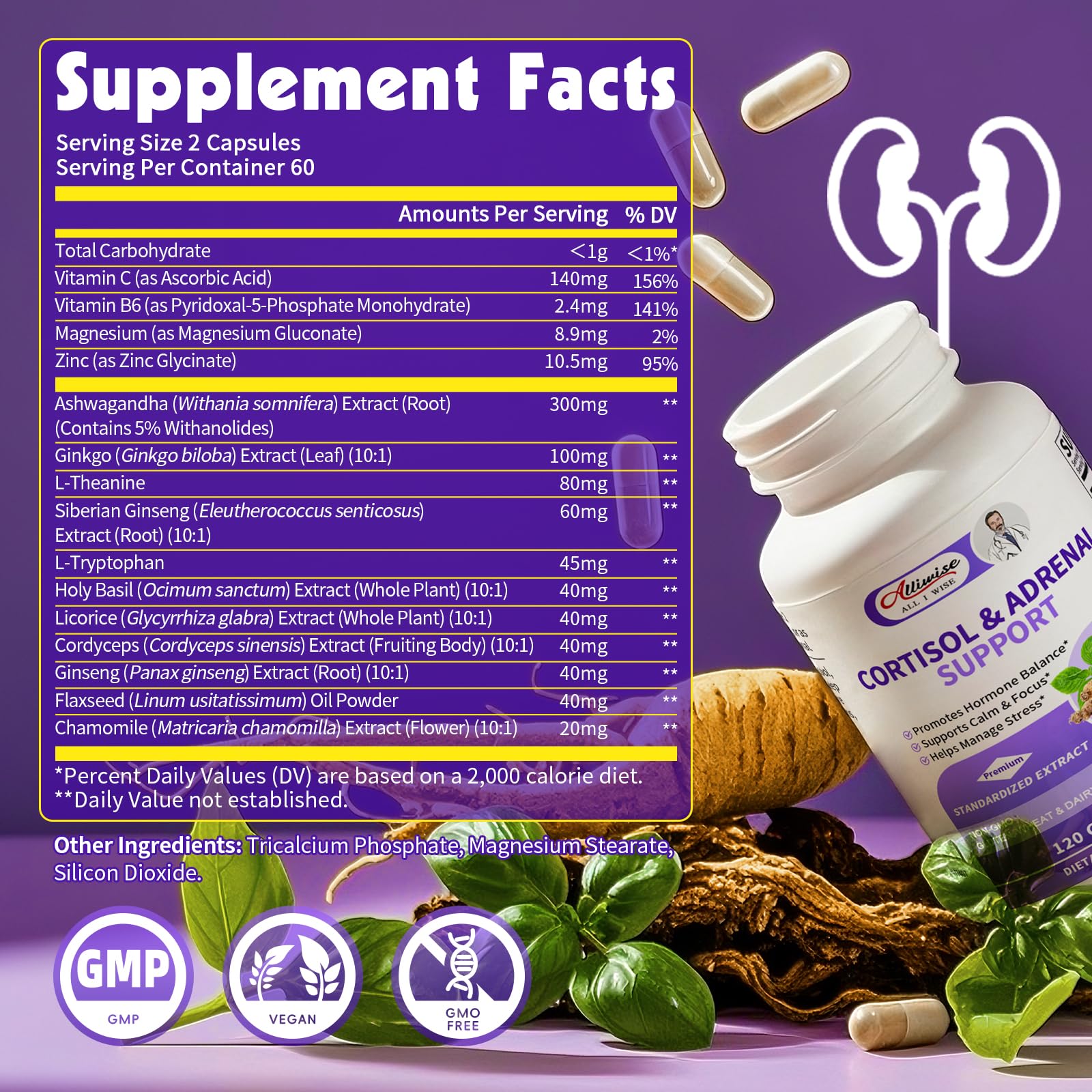 Alliwise Cortisol Supplements for Women & Men - Adrenal Support with Ashwagandha, L-Theanine & Holy Basil for Stress Relief, Mood & Steady Focus - Hormone Balance - 120 Vegan Capsules - OzHealthStandard
