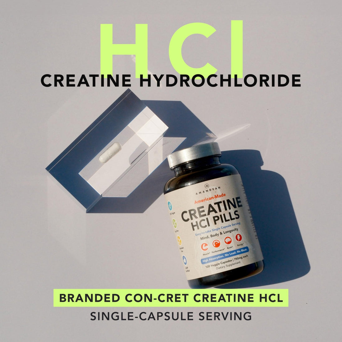 AMANDEAN Creatine HCl Pills. American Made CON-CRET. 120 Capsules. 7X Concentrated. No Bloat. Muscle, Energy, Cognitive, Recovery Support for Men & Women. Gluten Free, Non-GMO. - OzHealthStandard