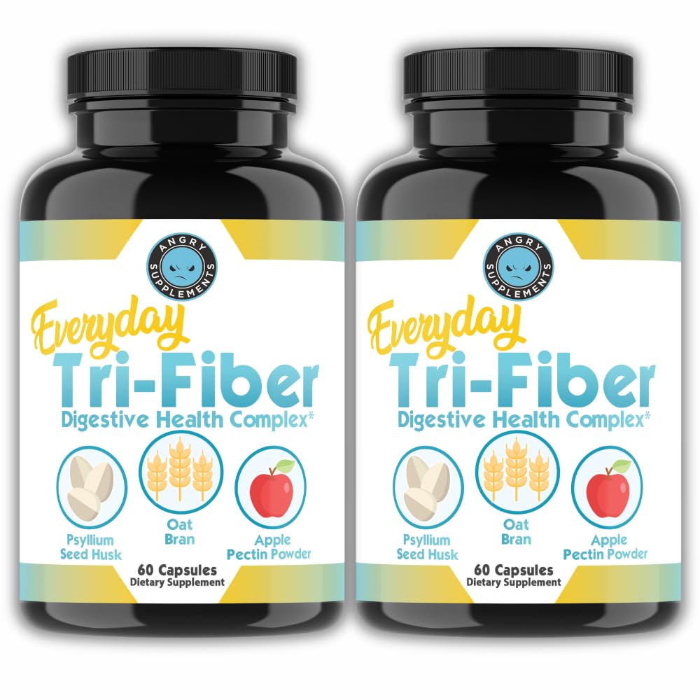 Angry Supplements Tri-Fiber Digestive Health Complex – Psyllium Husk, Oat Bran & Apple Pectin – Prebiotic Fiber for Gut Health & Regularity – 60 Capsules (2-Bottles) - OzHealthStandard