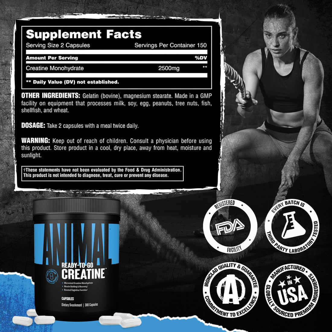 Animal Micronized Creatine Monohydrate Capsules - 300 Caps, 2500mg per Serving to Support Muscle Growth, Endurance, ATP Production, Cognitive Function, Strength - OzHealthStandard