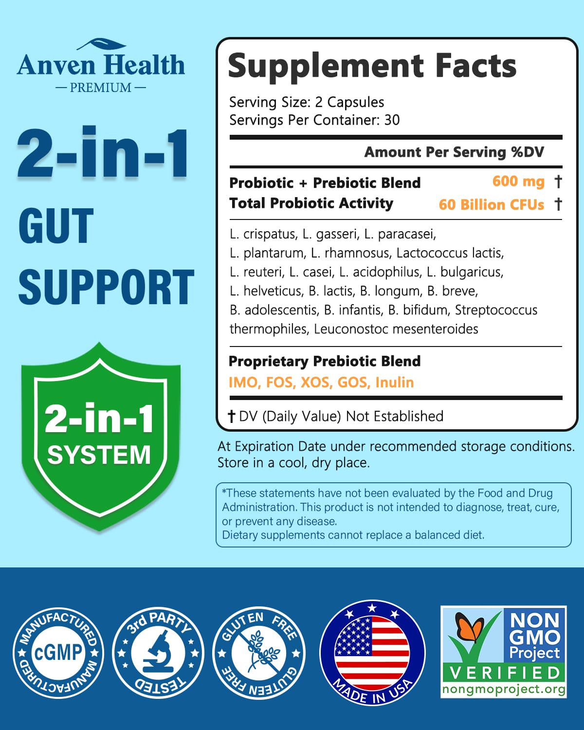 Anven Health 60 Billion Probiotic and Prebiotic for Women and Men - 19 Strains 5 Organic Prebiotics for Gut Digestive & Immune Health, Supports Diarrhea Gas Bloating, Non-GMO – Made in USA丨60 Caps - OzHealthStandard