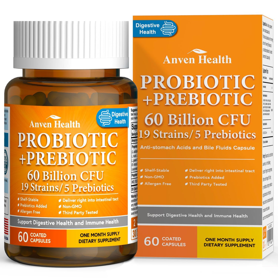 Anven Health 60 Billion Probiotic and Prebiotic for Women and Men - 19 Strains 5 Organic Prebiotics for Gut Digestive & Immune Health, Supports Diarrhea Gas Bloating, Non-GMO – Made in USA丨60 Caps - OzHealthStandard