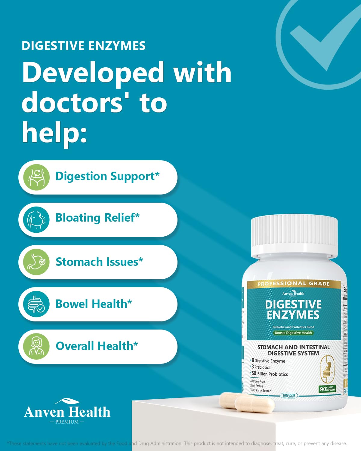 Anven Health 800mg Digestive Enzymes for Men and Women with Probiotics & Prebiotics, 8 Key Enzymes, Protease, Amylase & Lipase | 180 Capsules - A 60-Day Supply for Bloating & Gas Relief - Non-GMO - OzHealthStandard