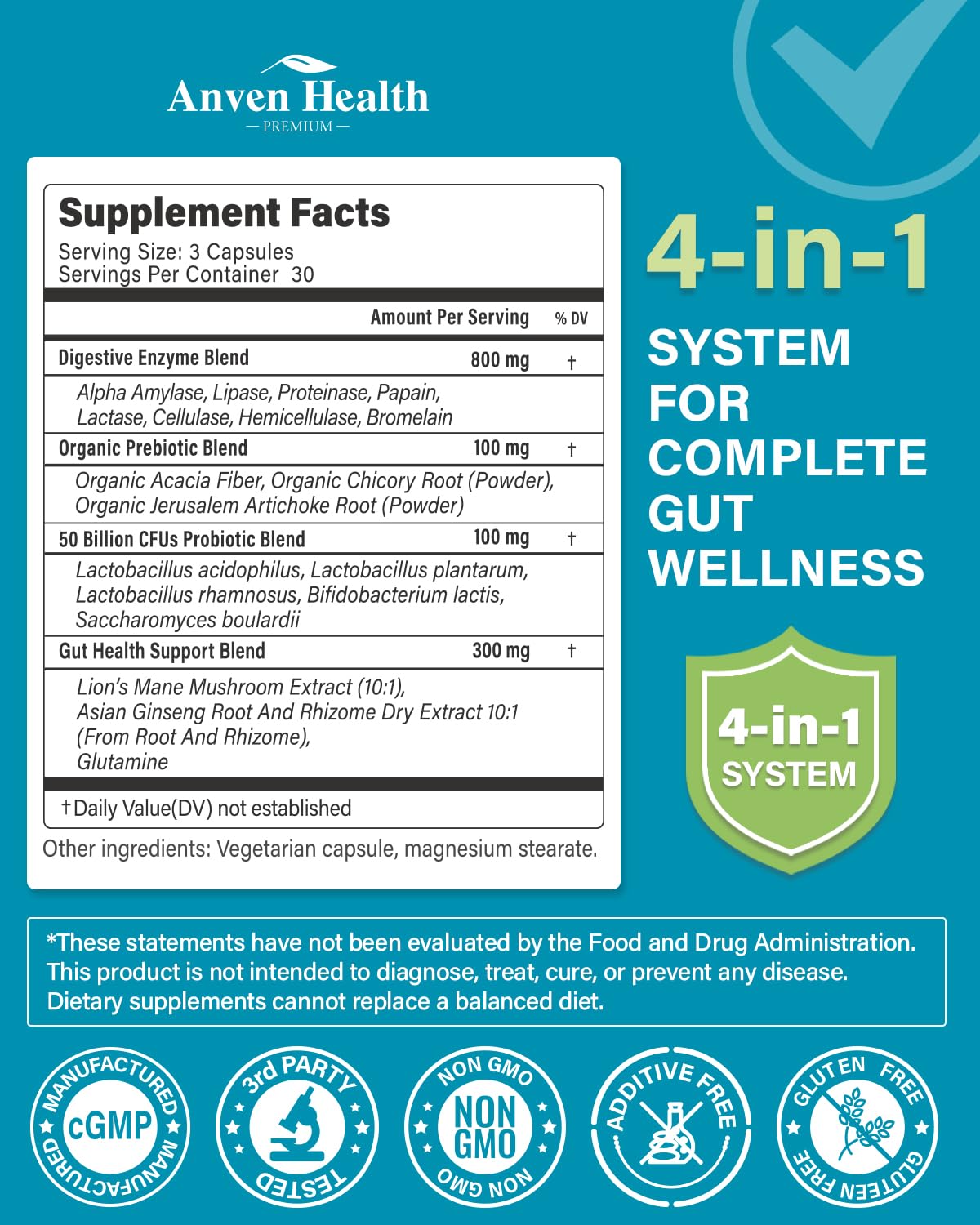Anven Health 800mg Digestive Enzymes for Men and Women with Probiotics & Prebiotics, 8 Key Enzymes, Protease, Amylase & Lipase | 180 Capsules - A 60-Day Supply for Bloating & Gas Relief - Non-GMO - OzHealthStandard