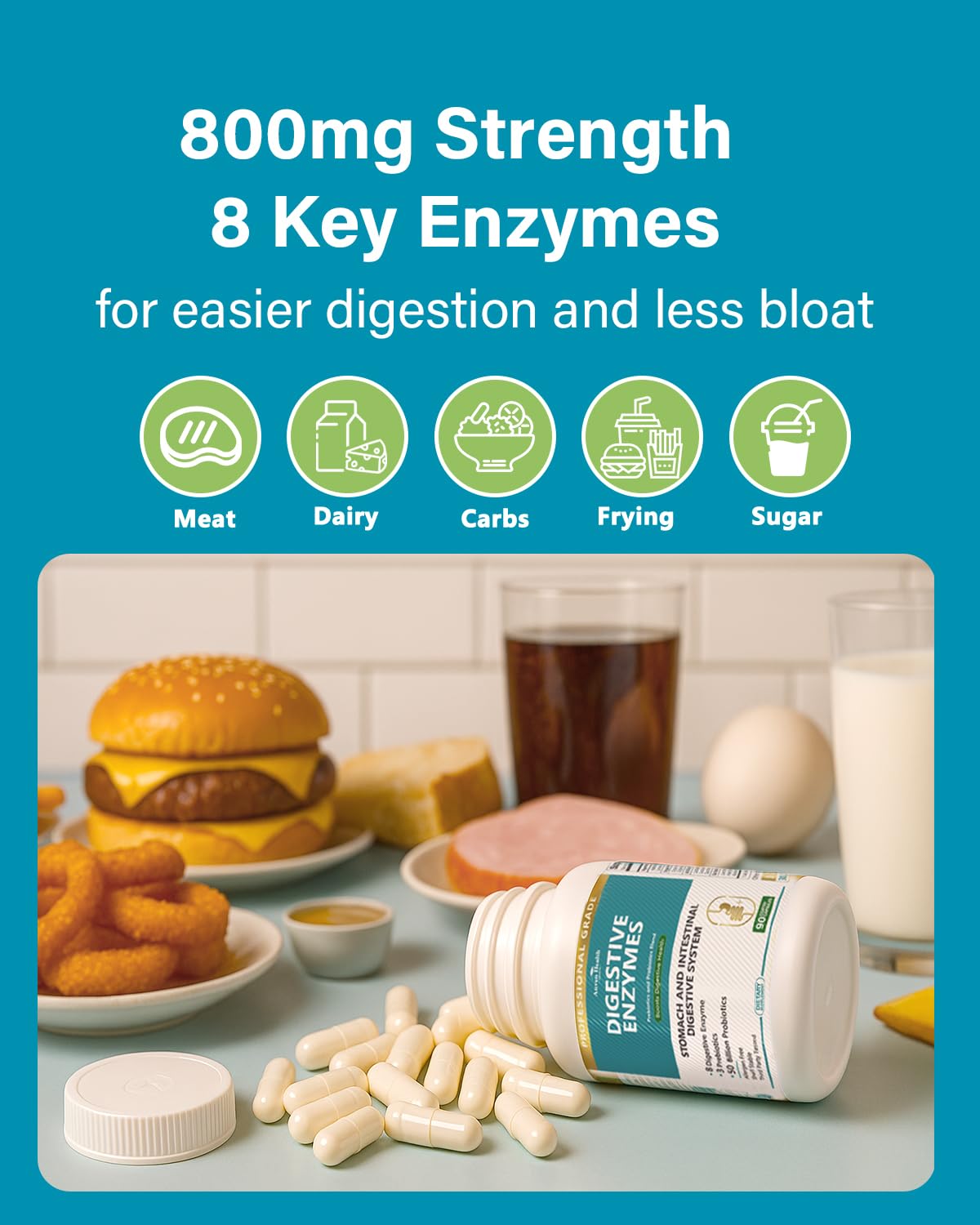 Anven Health 800mg Digestive Enzymes for Men and Women with Probiotics & Prebiotics, 8 Key Enzymes, Protease, Amylase & Lipase | 180 Capsules - A 60-Day Supply for Bloating & Gas Relief - Non-GMO - OzHealthStandard