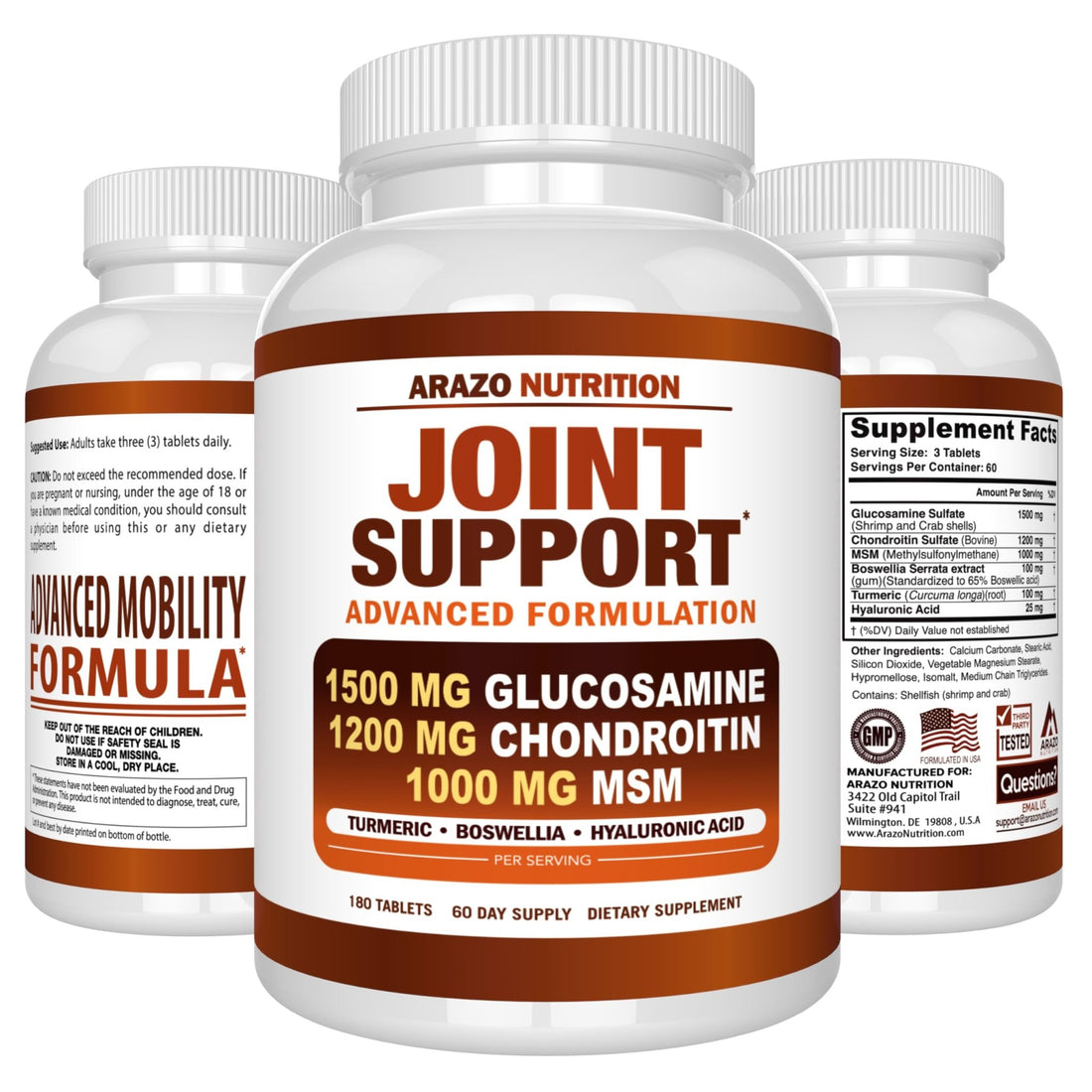 Arazo Nutrition Glucosamine Chondroitin Turmeric Msm Boswellia - Joint Support Supplement for Relief 180 Tablets for Bones, Back, - OzHealthStandard