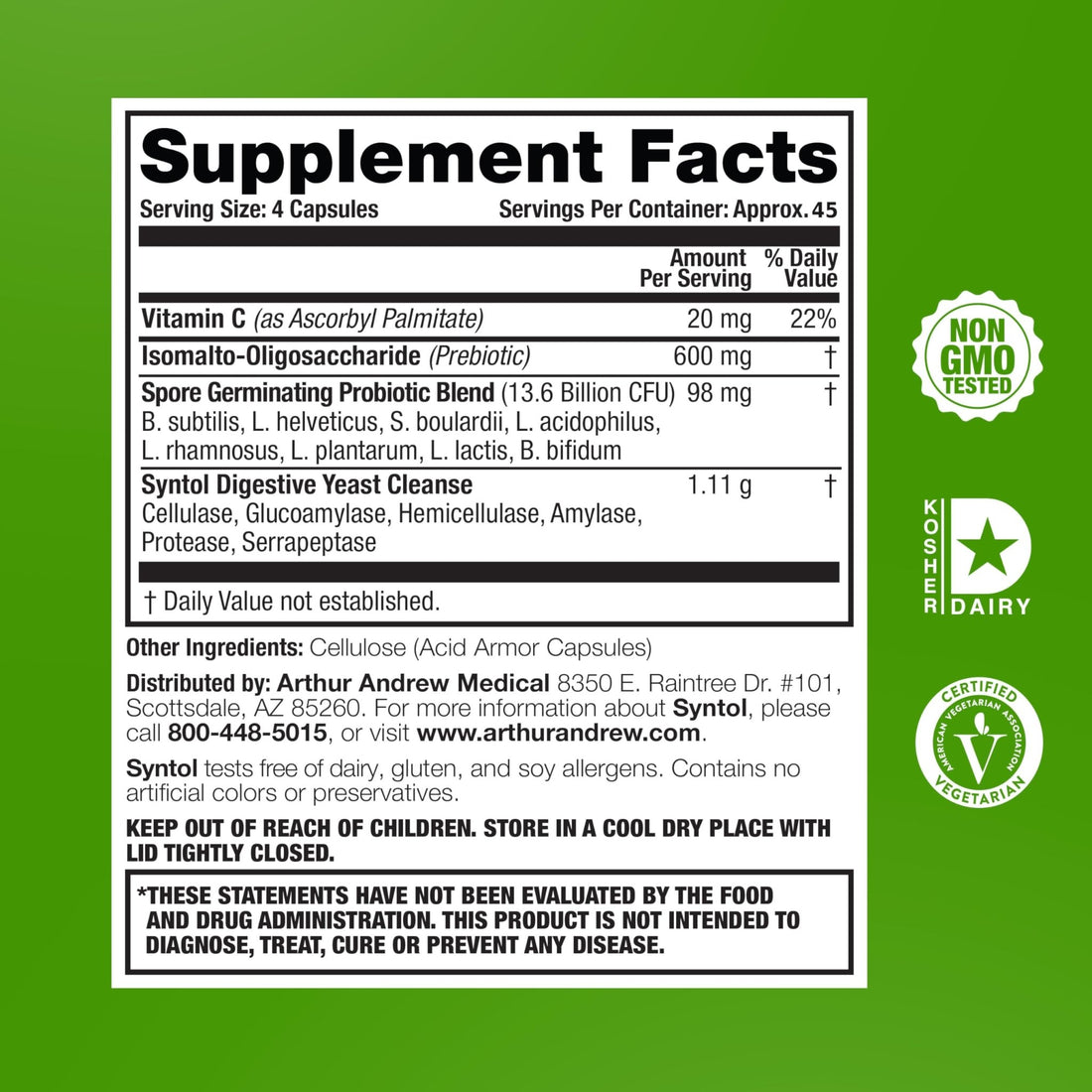 Arthur Andrew Medical, Syntol, 3-in-1 Formula with Probiotics, Prebiotic Fiber & Yeast Cleansing Multi-Enzymes, 180 - OzHealthStandard