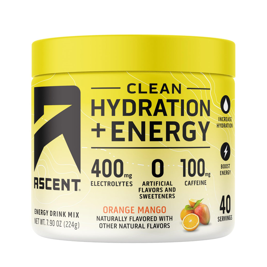 Ascent Clean Hydration + Energy Electrolytes Powder - 100mg Caffeine, 400mg Electrolytes, No Artificial Ingredients, Orange Mango 40 Servings - OzHealthStandard