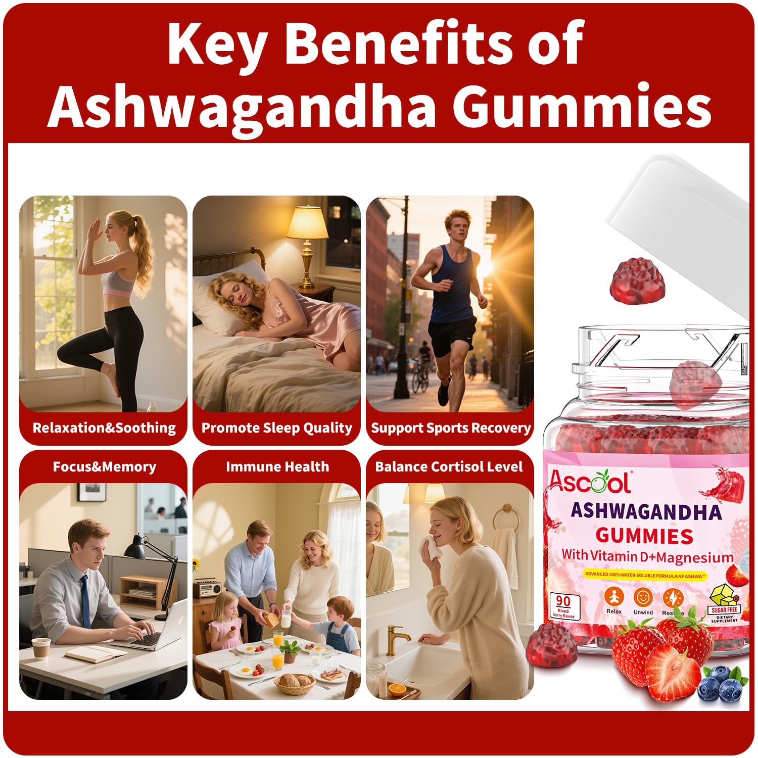 Ascool Ashwagandha Gummies for Stress Support & Relaxation with Magnesium + Vitamin D – 90 Count Sugar-Free, Vegan Ashwa Supplements - OzHealthStandard