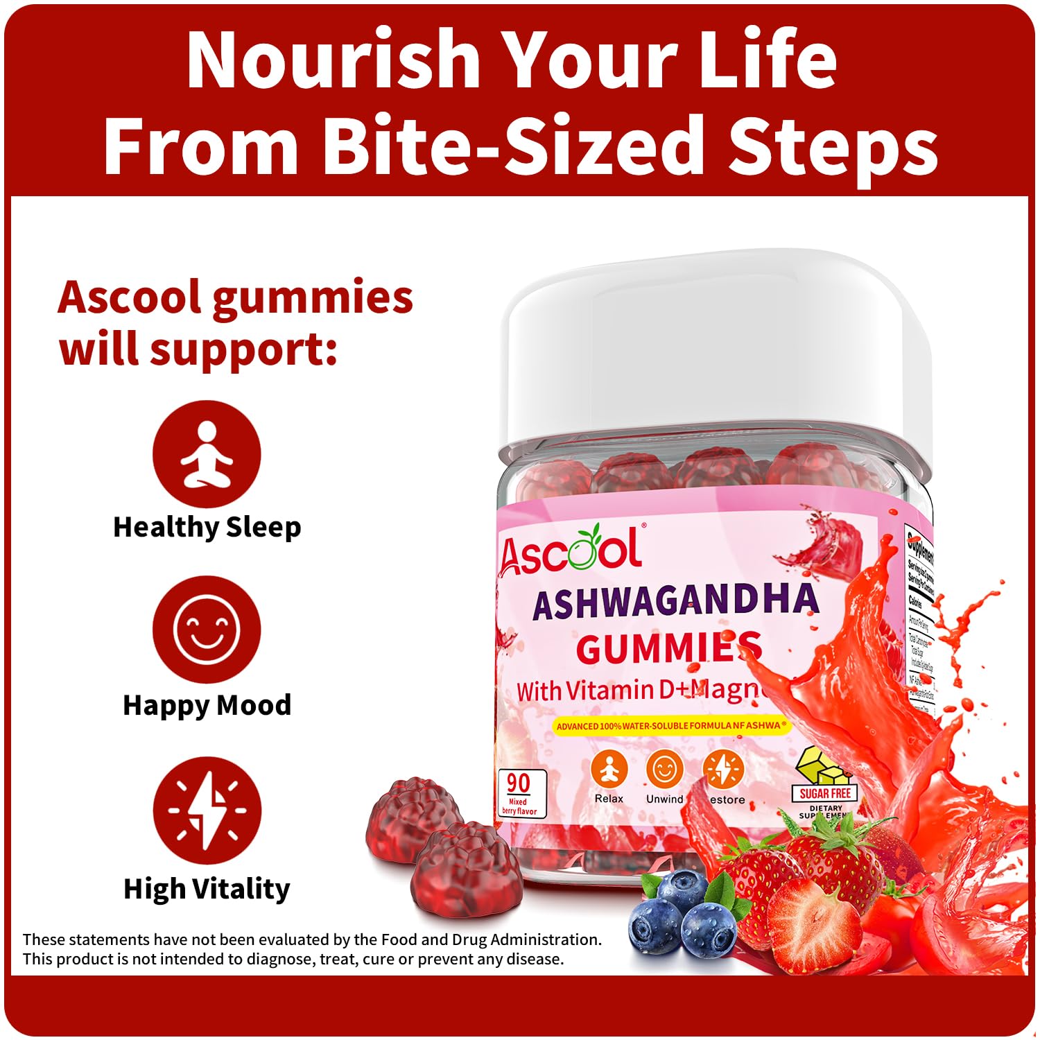 Ascool Ashwagandha Gummies for Stress Support & Relaxation with Magnesium + Vitamin D – 90 Count Sugar-Free, Vegan Ashwa Supplements - OzHealthStandard