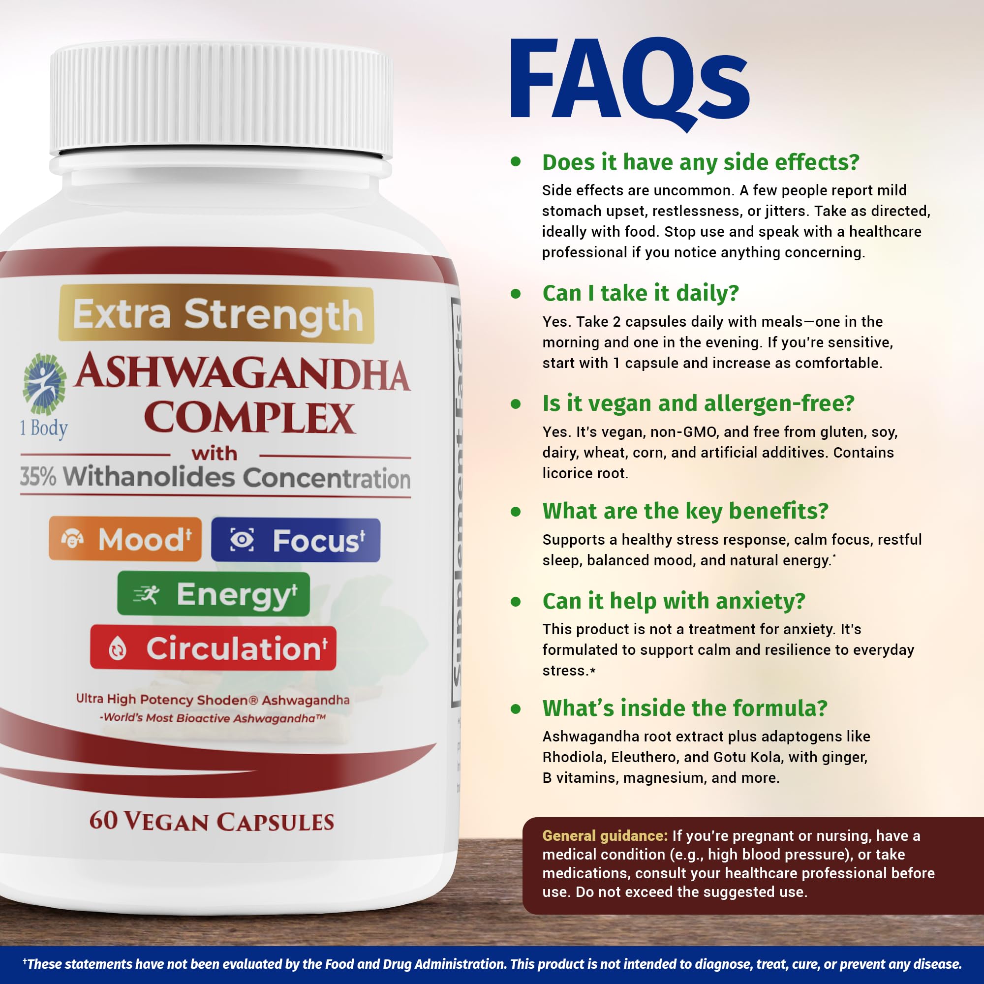 Ashwagandha Complex Adrenal Support Supplement for Stress Relief, Cortisol Balance, Energy & Focus, Mood Support, 35% Withanolides, 60 Vegan Capsules - OzHealthStandard
