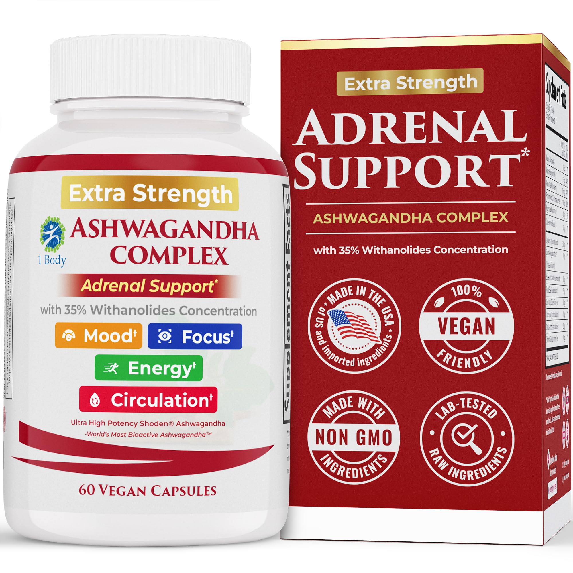 Ashwagandha Complex Adrenal Support Supplement for Stress Relief, Cortisol Balance, Energy & Focus, Mood Support, 35% Withanolides, 60 Vegan Capsules - OzHealthStandard