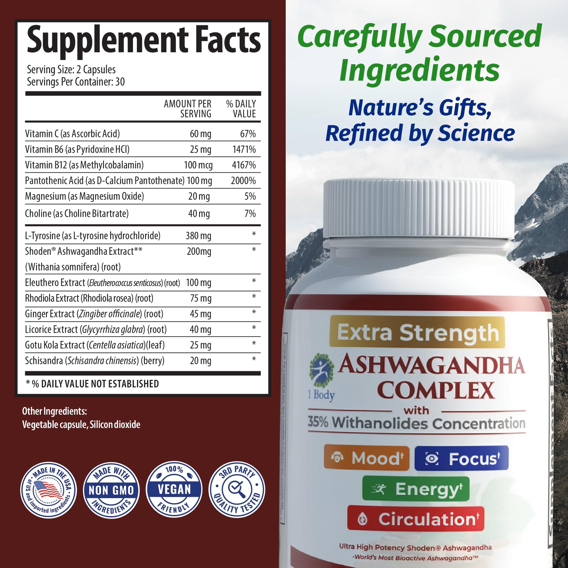 Ashwagandha Complex Adrenal Support Supplement for Stress Relief, Cortisol Balance, Energy & Focus, Mood Support, 35% Withanolides, 60 Vegan Capsules - OzHealthStandard