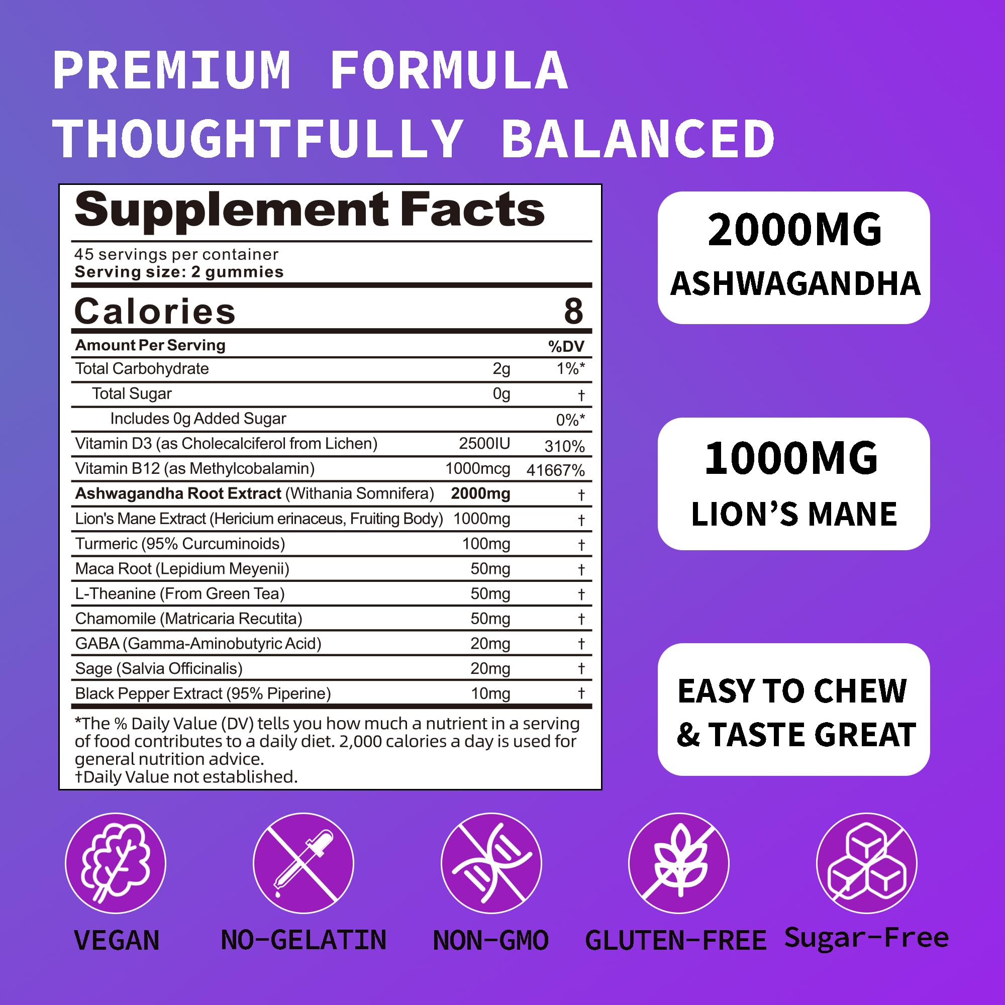 Ashwagandha Gummies - 2000MG Organic Ashwagandha & Lions Mane Gummies for Adults with Vitamin D3 B12, L-Theanine, Cortisol Supplements for Women & Men, Sugar-Free, Vegan, Berry Flavor - 90 Counts - OzHealthStandard