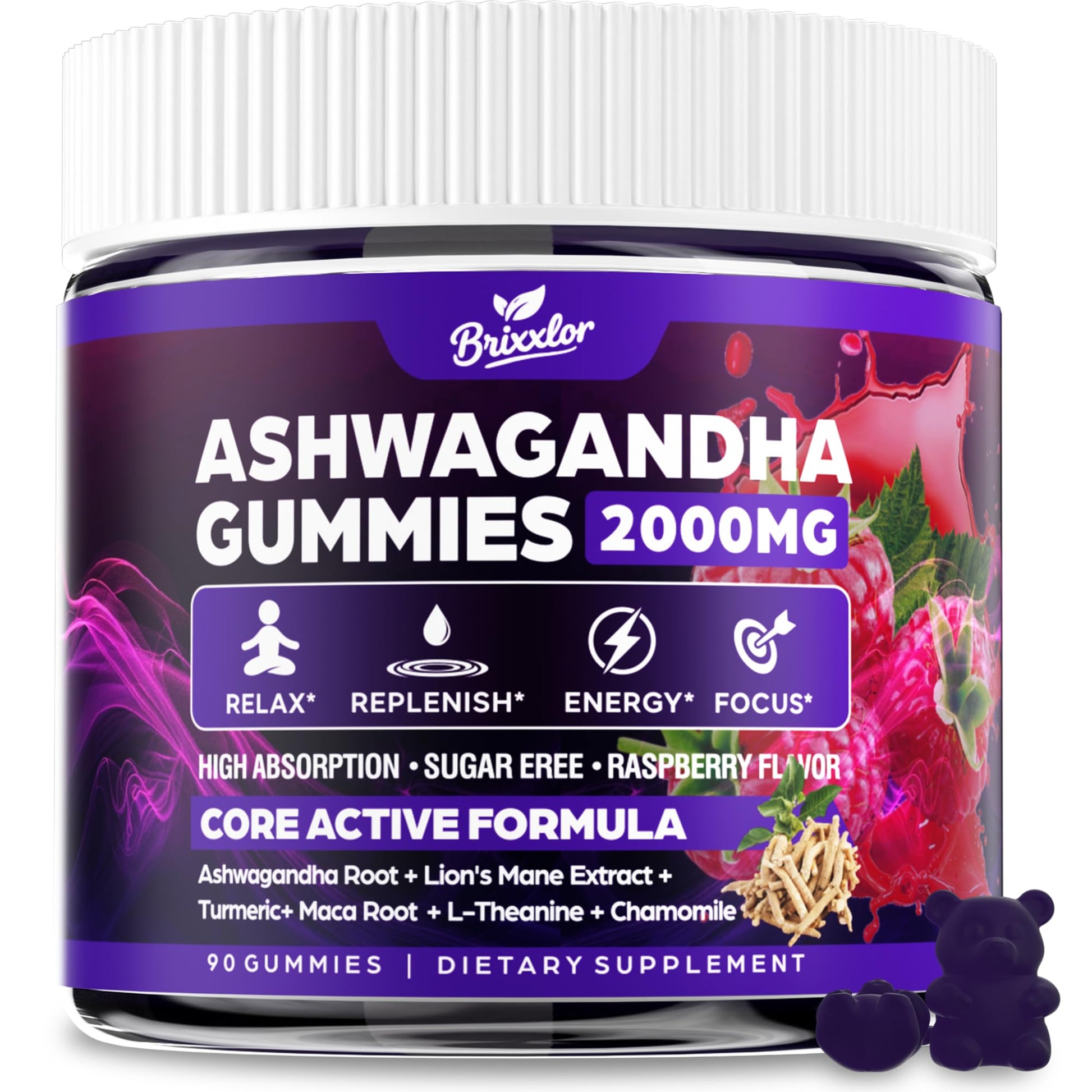 Ashwagandha Gummies - 2000MG Organic Ashwagandha & Lions Mane Gummies for Adults with Vitamin D3 B12, L-Theanine, Cortisol Supplements for Women & Men, Sugar-Free, Vegan, Berry Flavor - 90 Counts - OzHealthStandard