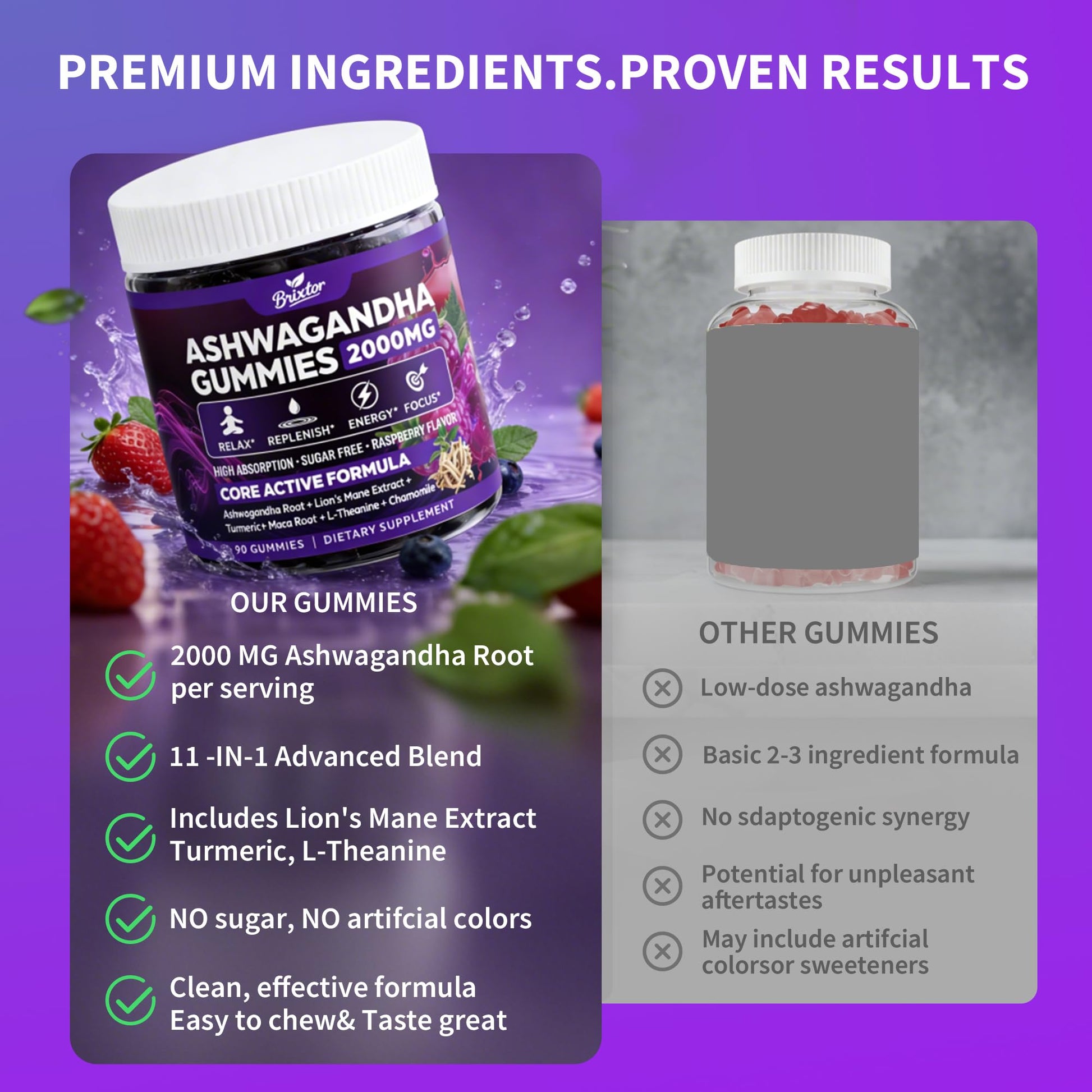 Ashwagandha Gummies - 2000MG Organic Ashwagandha & Lions Mane Gummies for Adults with Vitamin D3 B12, L-Theanine, Cortisol Supplements for Women & Men, Sugar-Free, Vegan, Berry Flavor - 90 Counts - OzHealthStandard