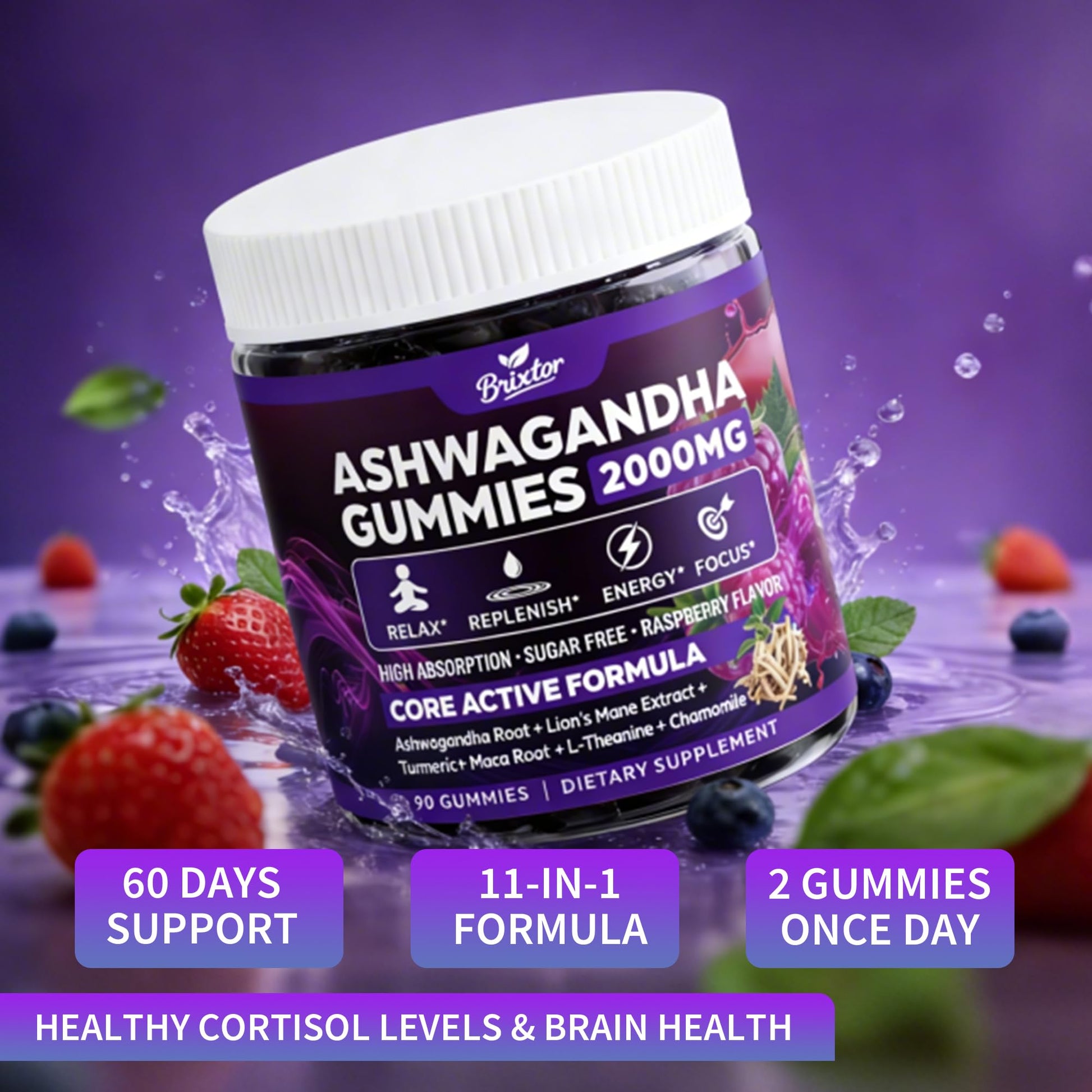 Ashwagandha Gummies - 2000MG Organic Ashwagandha & Lions Mane Gummies for Adults with Vitamin D3 B12, L-Theanine, Cortisol Supplements for Women & Men, Sugar-Free, Vegan, Berry Flavor - 90 Counts - OzHealthStandard