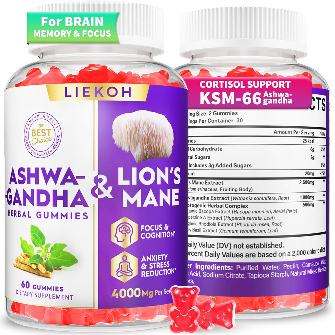 Ashwagandha Gummies - Organic Ashwagandha & Lions Mane Gummies for Adults with 4 Adaptogenic Herb for Stress, Cognitive & Immune Support| Cortisol Supplements for Women & Men, Berry Flavor - 60 Counts - OzHealthStandard