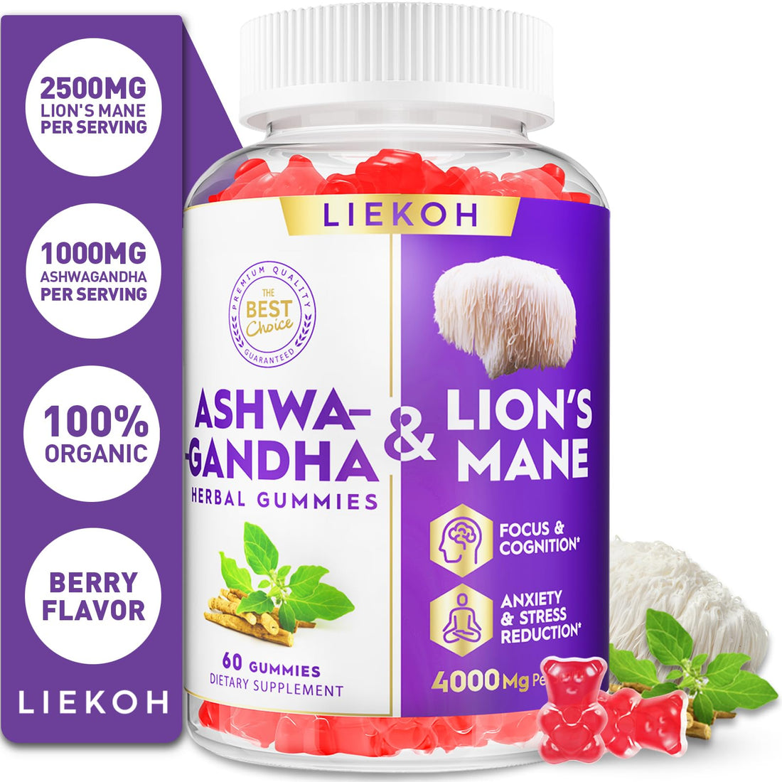Ashwagandha Gummies - Organic Ashwagandha & Lions Mane Gummies for Adults with 4 Adaptogenic Herb for Stress, Cognitive & Immune Support| Cortisol Supplements for Women & Men, Berry Flavor - 60 Counts - OzHealthStandard