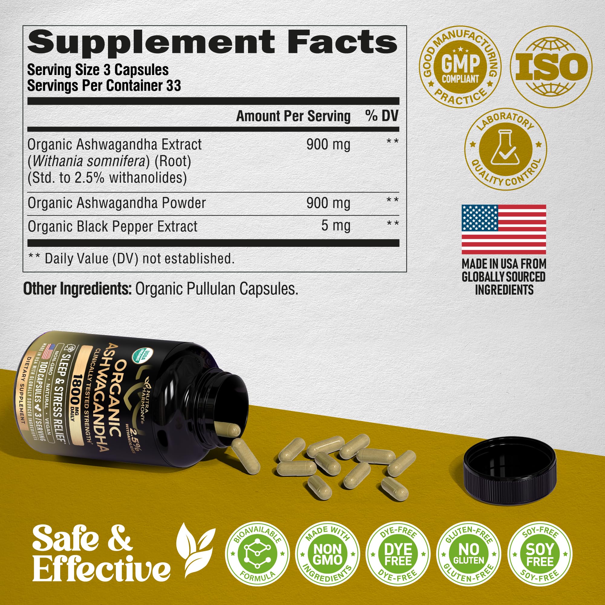 Ashwagandha Supplements 1800mg - USDA Organic Ashwagandha for Women & Men - Clinically Effective Strength for Stress Relief & Sleep - Powder & Root Extract 2.5% Withanolides - Made in USA 100 Capsules - OzHealthStandard