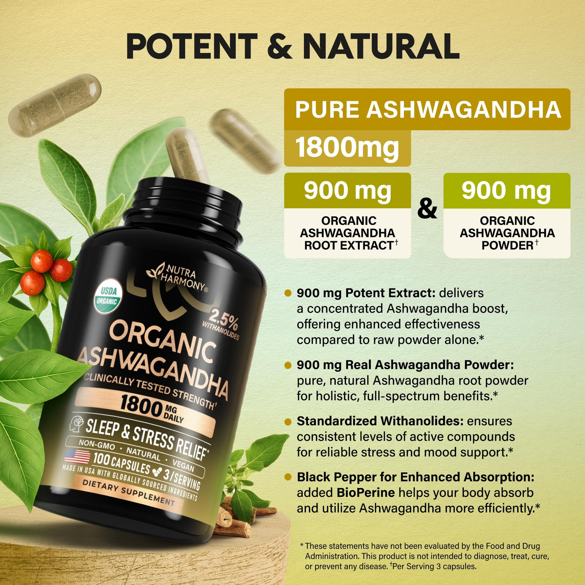 Ashwagandha Supplements 1800mg - USDA Organic Ashwagandha for Women & Men - Clinically Effective Strength for Stress Relief & Sleep - Powder & Root Extract 2.5% Withanolides - Made in USA 100 Capsules - OzHealthStandard