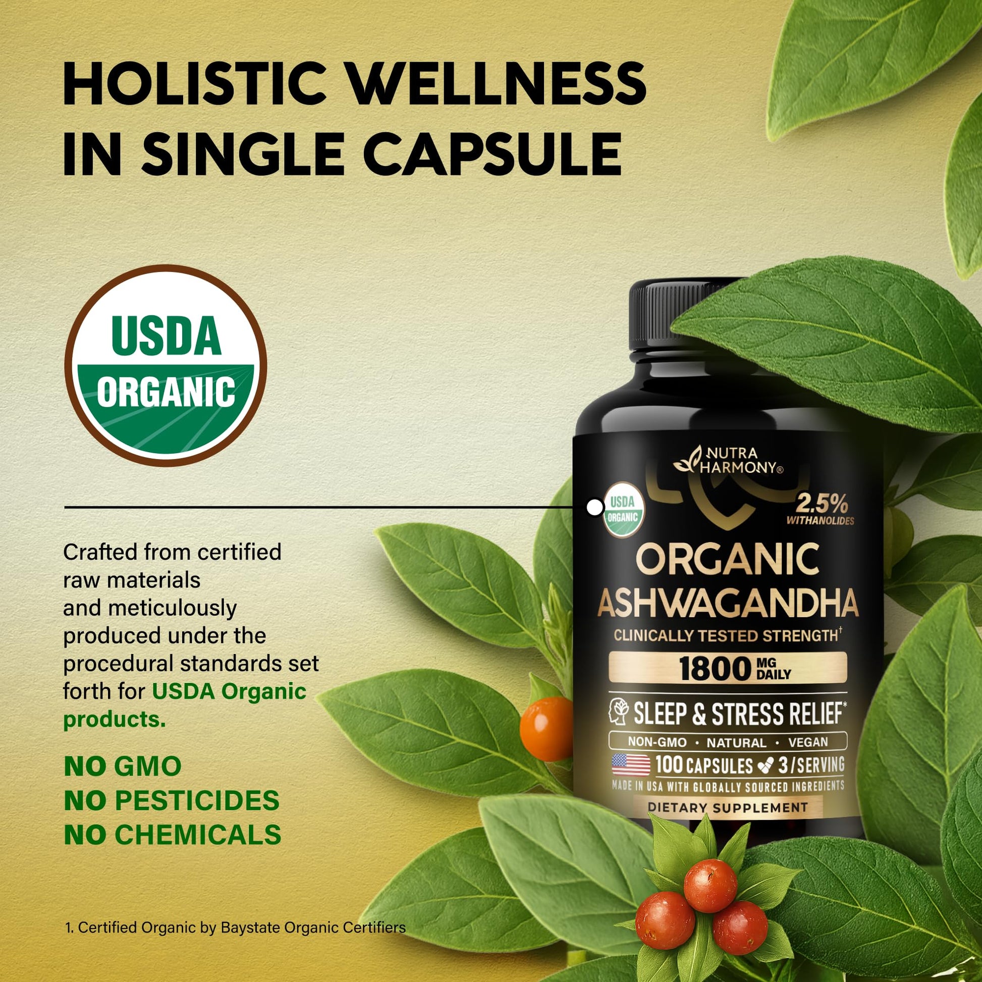 Ashwagandha Supplements 1800mg - USDA Organic Ashwagandha for Women & Men - Clinically Effective Strength for Stress Relief & Sleep - Powder & Root Extract 2.5% Withanolides - Made in USA 100 Capsules - OzHealthStandard