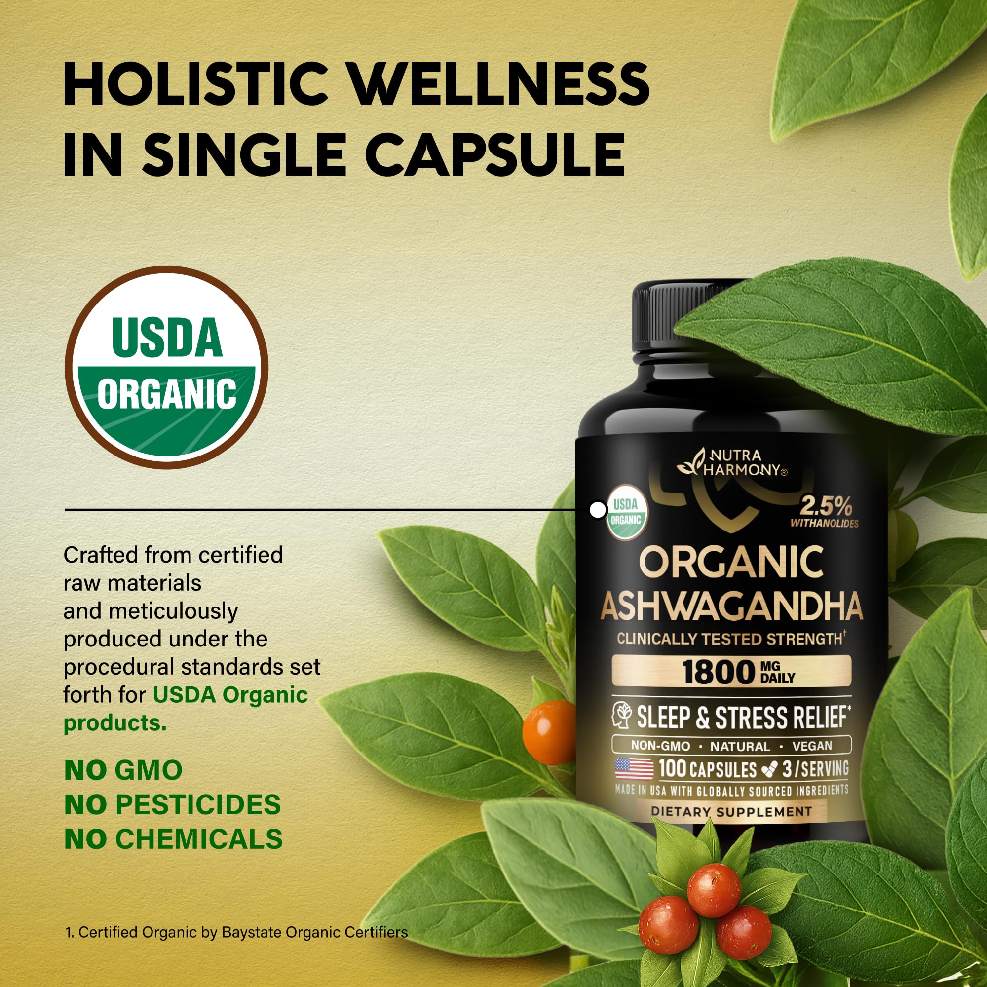 Ashwagandha Supplements 1800mg - USDA Organic Ashwagandha for Women & Men - Clinically Effective Strength for Stress Relief & Sleep - Powder & Root Extract 2.5% Withanolides - Made in USA 100 Capsules - OzHealthStandard