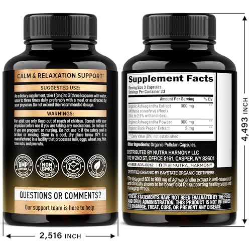 Ashwagandha Supplements 1800mg - USDA Organic Ashwagandha for Women & Men - Clinically Effective Strength for Stress Relief & Sleep - Powder & Root Extract 2.5% Withanolides - Made in USA 100 Capsules - OzHealthStandard